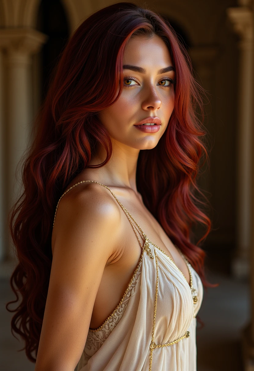 27 year old Brazilian redhead woman posing for Instagram profile picture in a suitable location in an eye-catching outfit