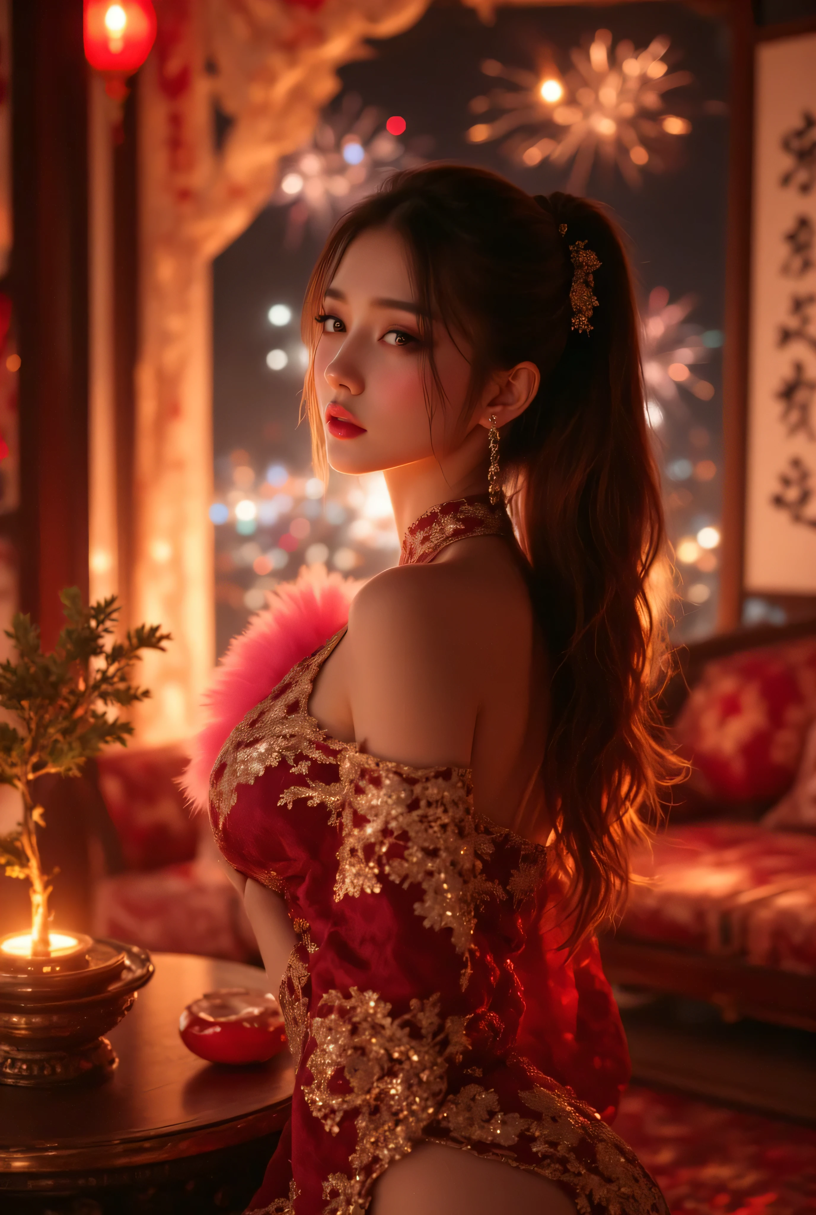 Cat ears、 fßace up,  attractive,   pretty girl, ponytail、  ((   fine facial features  , eroticism)),   dramatic lighting    ,  realistic , 8k,     Dramatic Shadows  ,    intricate and elaborate patterns     ,      super detailed photo      ,     chiaroscuro lighting   ,     Pleasant colors   ,     deep contrast   ,    super real 、 pink lipstick、 pretty earrings, pretty necklace, pretty hairpin, warm room、Vintage Fireplace 、 cinematic composition、Close-up of face,  shining jewelry, pretty half part transparent open shoulder loose outfits dress, tang style, A beautiful Korean idol wearing a short colourful tightly cheongsam with phoenix and intricate floral golden embroidery, golden and silver outline on dress, hand with pink feathers paper fan and paper fan have golden ink drawing on it, standing gracefully in a room filled with traditional Chinese New Year decorations. The room features vibrant red lanterns, decorative calligraphy scrolls, a small Chinese orange tree with golden ornaments, and several red envelopes scattered across the floor and hanging from the tree. Adorable, playful cats are part of the scene—some sitting near the tree, others curiously pawing at the red envelopes or lounging around. Through a window or an open door in the background, vibrant Chinese fireworks light up the night sky in an array of reds, golds, and blues, casting a magical glow into the room. The idol’s outfit is paired with subtle accessories like red hairpins or earrings, complementing the festive look. The atmosphere is warm and lively, filled with the joyful essence of the celebration, enhanced by the shimmering lights of the fireworks and the lively decor.