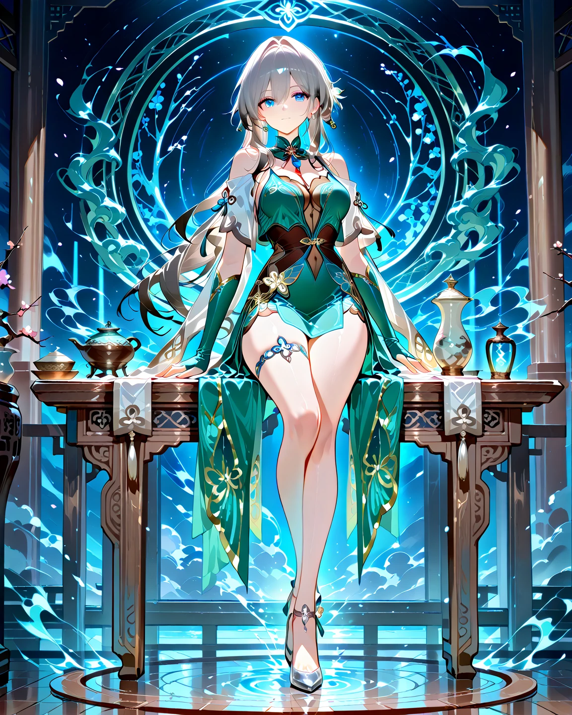 absurdres, RAW photo, extremely delicate and beautiful, masterpiece, Best Quality, ultra high resolution, 32k, hyperrealistic, ultra-detailed, detailed description, pale skin, 20 years old, detailed beautiful face and eyes, tearful mole, earring, very huge round breasts, short medium hair, wavy hair, full body shot, jewelry, skirt, hair adornments, Chinese clothes, sheer transparent clothes,
