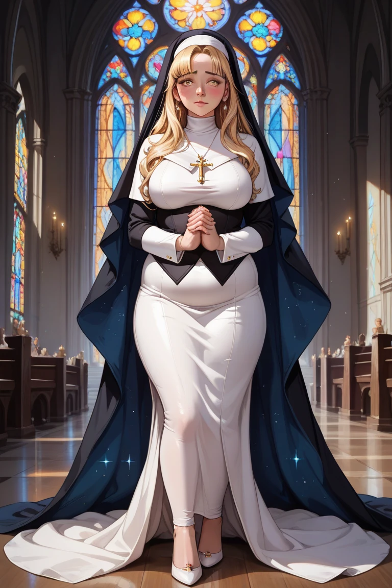 (solo 1 praying nun:1.3) standing in church, praying with holding hands together over chest, very thin, (black sheer long dress:1.5), (gigantic breasts:1.3), (bursting breasts:1.2), (black sheer long skirt:1.4), inconceivably thin waist, closing eyes, nose blush, open mouth, (heavy breathing:1.2), stained glass, full body, 8k, ultra-detailed, masterpiece