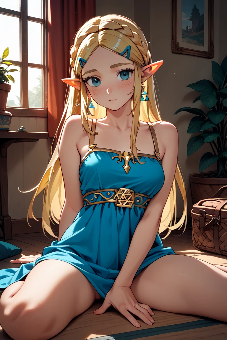 Zelda ((masterpiece)), (illustration), ((best quality)), rainbow color, high resolution illustration, Amazing, highres, intricate detail, extremely detailed CG unity 8k wallpaper ((zelda)), small breast, naked, Long blonde hair, infatuation, (green eyes), NSFW, moonlight, night, lying in bed, sexy short skirt, no panties
