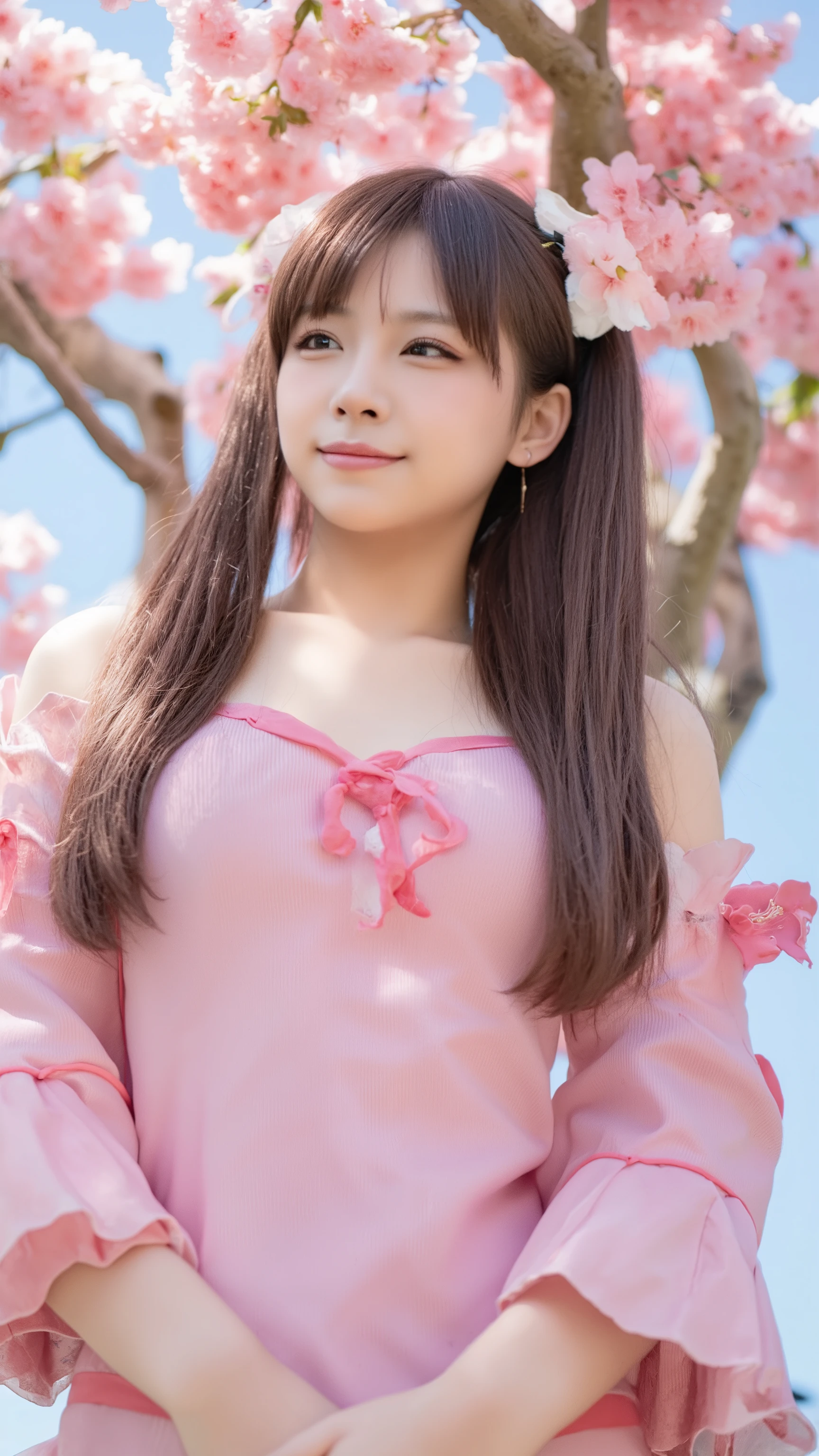 (realistic、as shown in the picture、live-action、8k, Photorealistic)、( cherry blossoms in full bloom:1.3)、(Fitted Off-the-Shoulder Passionate Pink Dress:1.4、clothes that fit the body、Big Breasts、(( pink inner colored hair :1.1))、 female 1 person、Japanese Gals、((full body:1.5))、long hair:1.2、long hair、Hair Clips to Up Your Hair、smile、(Standing by a cherry blossom tree、 cherry blossoms in full bloom、Cherry Blossom and Blue Sky Collaboration)、(( view from below、 composition looking up from the ground:1.1))、Accurate depiction of people based on anatomy