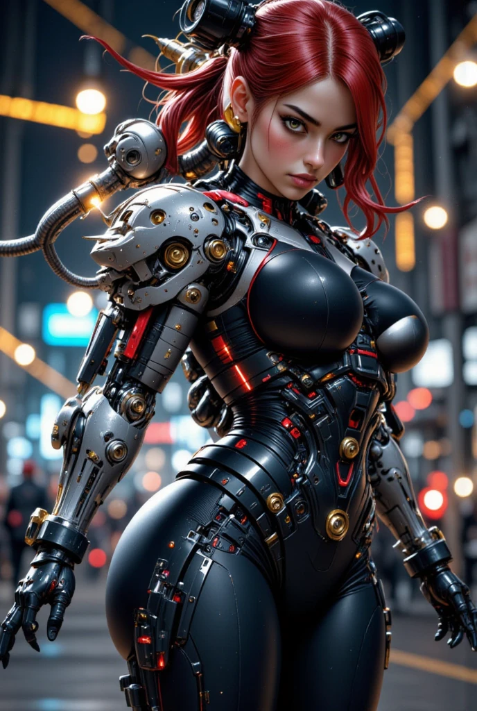Fantasy、Red hair color、Short perm、Curly hair、cyberpunked、(Double Sword、Scorpion Cyborg Woman、Das Veilchen:1.1)、1 woman、small tits、Mechanical technology、Robot Presence、Ninja-like fighting stance、Cybernetic Guardian、