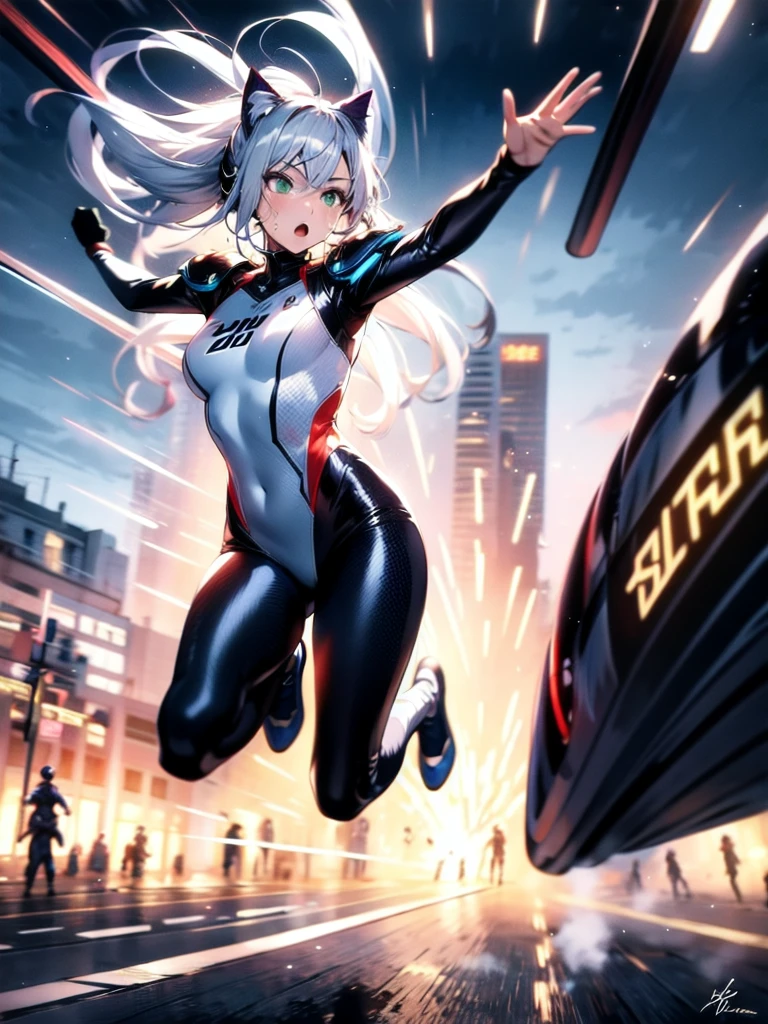RAW image quality, best image quality, movie lighting, octane rendering, super sharp, 1 girl, Japanese, 16 years old, troubled face, glowing skin, fugitive, running figure, silver hair, short bob hair, Full body white pilot suit:1.3, cyber punk, Night sky with countless stars shining, shining milky way, rain:1.3, Remains, laser beam attack, big explosion:1.3, pillar of fire:1.2, A city engulfed in flames, wet hair:1.5, wet skin:1.5, puddle, fine eyes, Fine skin texture, camel toe, Detailed CG image quality, 8mm fisheye lens, Angle looking up from below:1.2, (whole body angle), Full body soaked, fast shutter speed,