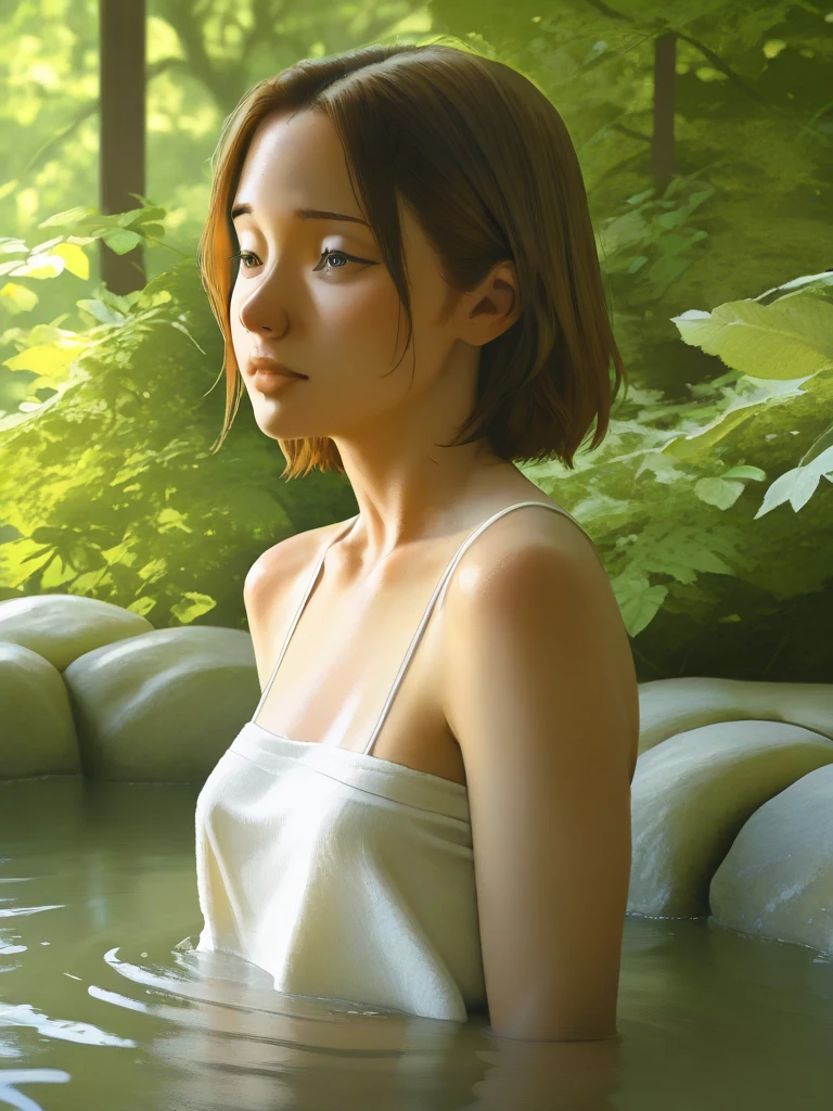 1 girl sits on a log with her legs open,legs separated, Background lakeside, Brown hair, Short hair, Closed eyes, Pointy ears, Open mouth, Blush, nose blush, High detail, modern, leaning-forward, Cinematic lighting, Sparkle, god light, Ray tracing, reflective light, retinas, Anatomically correct, Textured skin, High details, Best quality, A high resolution, 8K