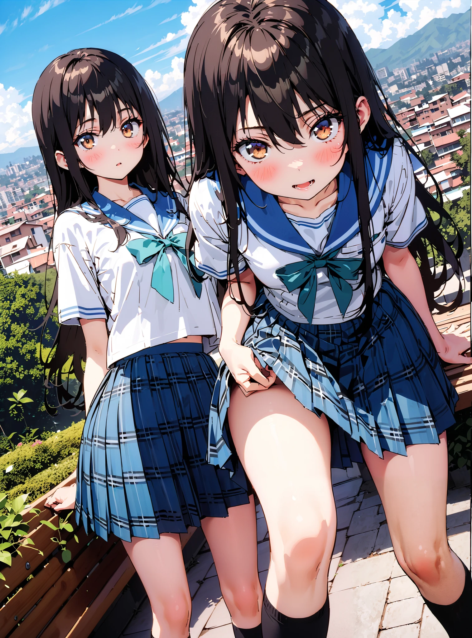 Yukina Himeragi, semi-long hair, black hair, brown eyes, medium chest,, skirt, bow, school uniforms, pleated skirt, sailor suit, sailor color, blue skirt, plaid , blue bow, black high socks, bench, Soft Breeze,is standing,skirtタグ , eyelashes skirt tug,skirt,lift of the wind , mad at my anal,is embarrassing,blush,Beautiful cityscape,open your mouth, angle from below, break outdoors,garden,
break looking at viewer,full body,
break (masterpiece:1.2),highest quality , kampala, Unity 8K Wallpaper ,(shape:0.8),( fine, beautiful eyes :1.6),It's a person ,full body写真,CG Details , (perfect hands, complete anatomy),