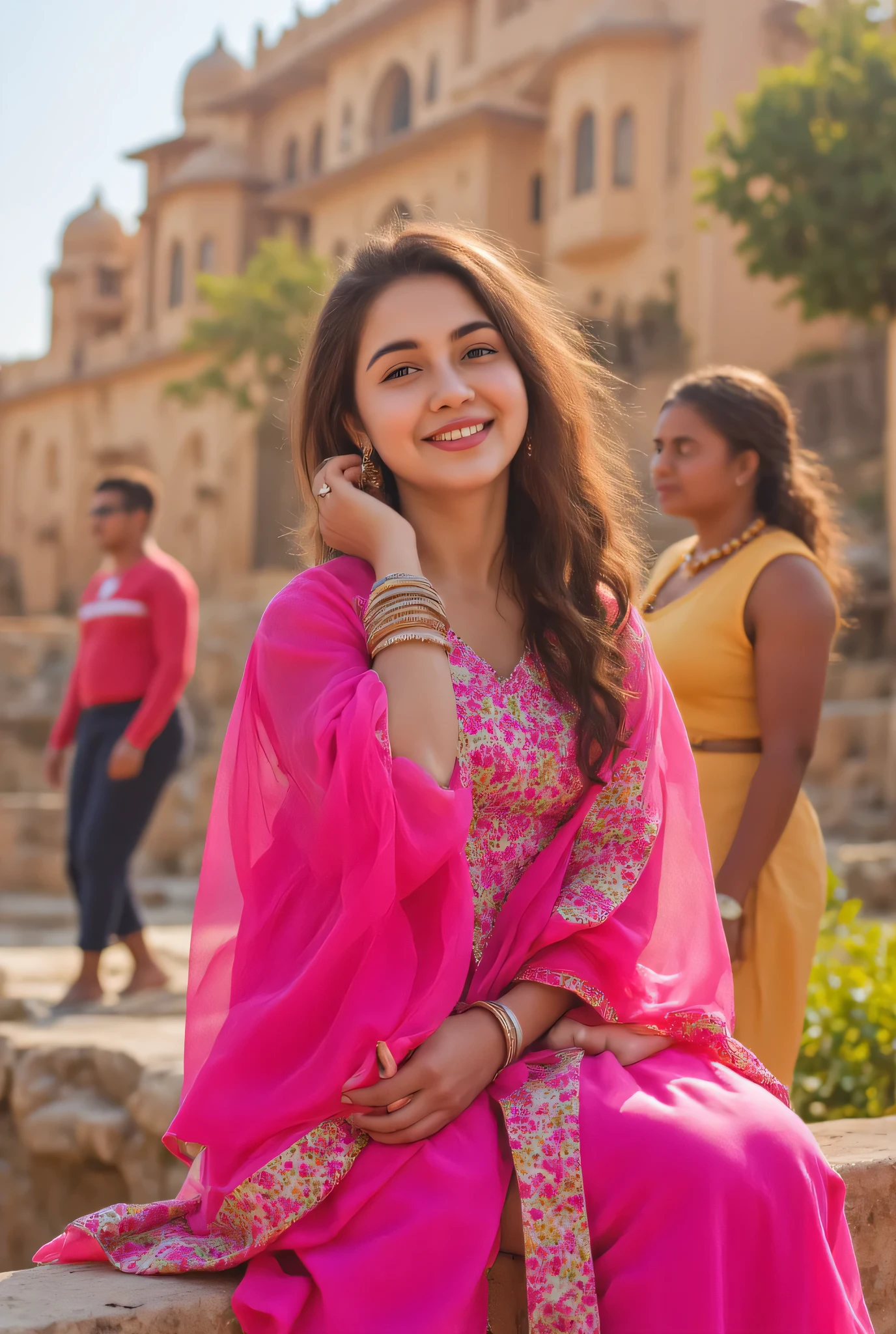 24 year girl in Indian village not modern village rural vibe wearing pink gujrati dress in hawa mahal jaipur in front of local people with smile on face showing real cuteness sitting on bench hand in hair with style pose