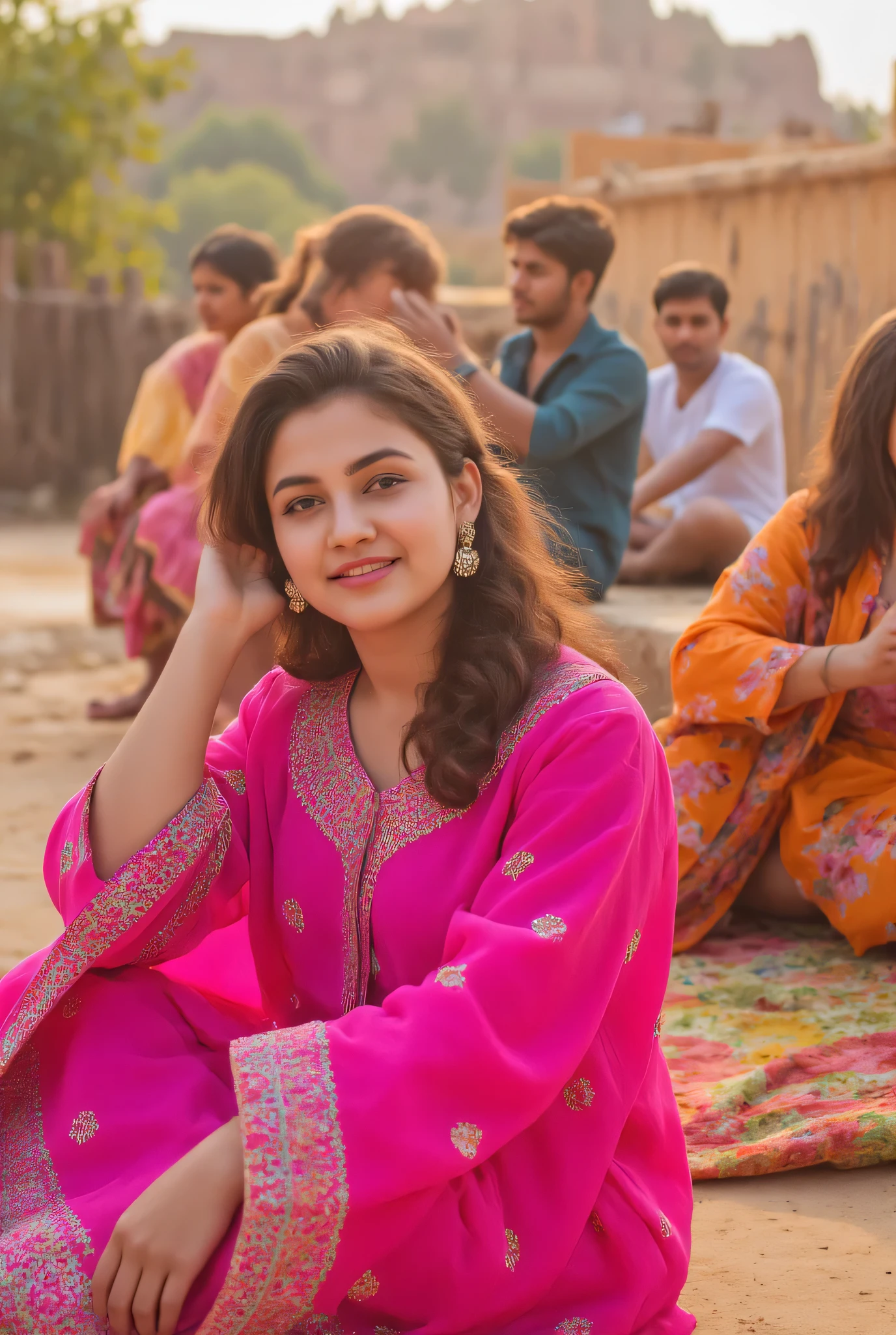24 year girl in Indian village not modern village rural vibe wearing pink gujrati dress in hawa mahal jaipur in front of local people with smile on face showing real cuteness sitting on bench hand in hair with style pose