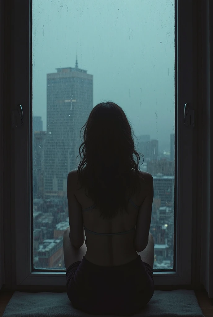 An enticing and mysterious scene where the silhouette of a woman's body is partially visible through the frosty window glass. The viewer can only make out the curves of her figure, as if she is a tantalizing mystery waiting to be discovered. The frosty window seems to heighten the anticipation, with a soft glow from the inside casting an enchanting atmosphere. The background shows a dimly lit urban city, creating a sense of distance and longing.