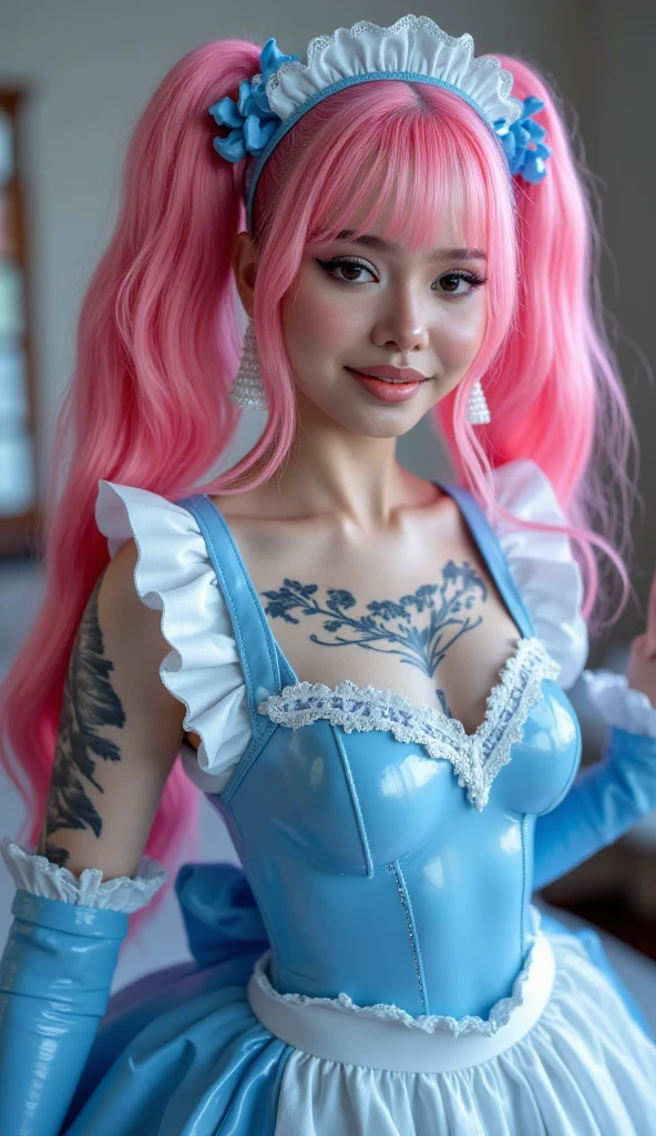 photorealistic, high resolution, soft light,1women, solo, hips up, shining skin, (detailed face),tattoo, jewelry, (rainbow color Hair,colorful hair,half blue and half pink hair:1.2), animal ears, pink lace bodysuit