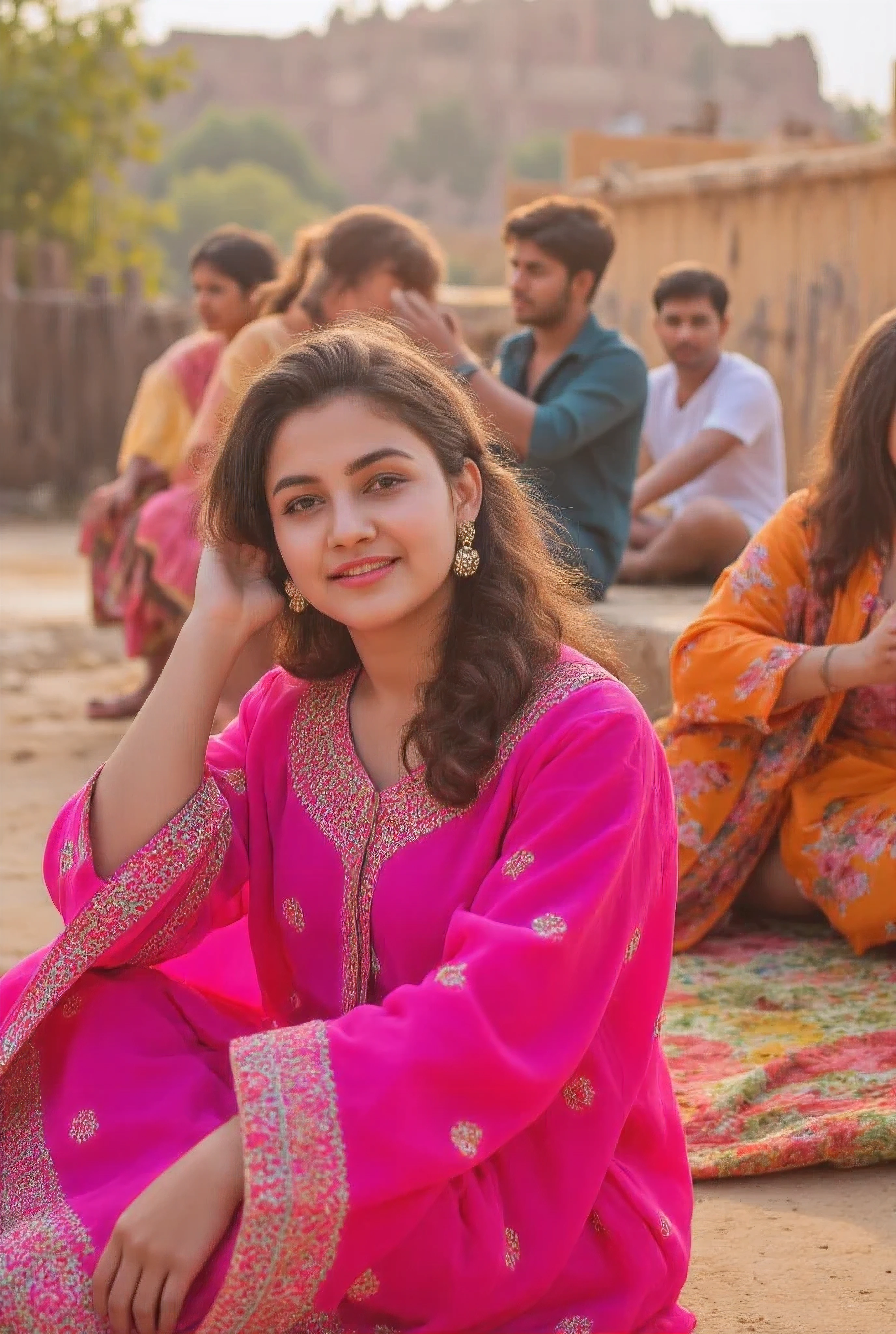 24 year girl in Indian village not modern village rural vibe wearing pink gujrati dress in hawa mahal jaipur in front of local people with smile on face showing real cuteness sitting on bench hand in hair with style pose