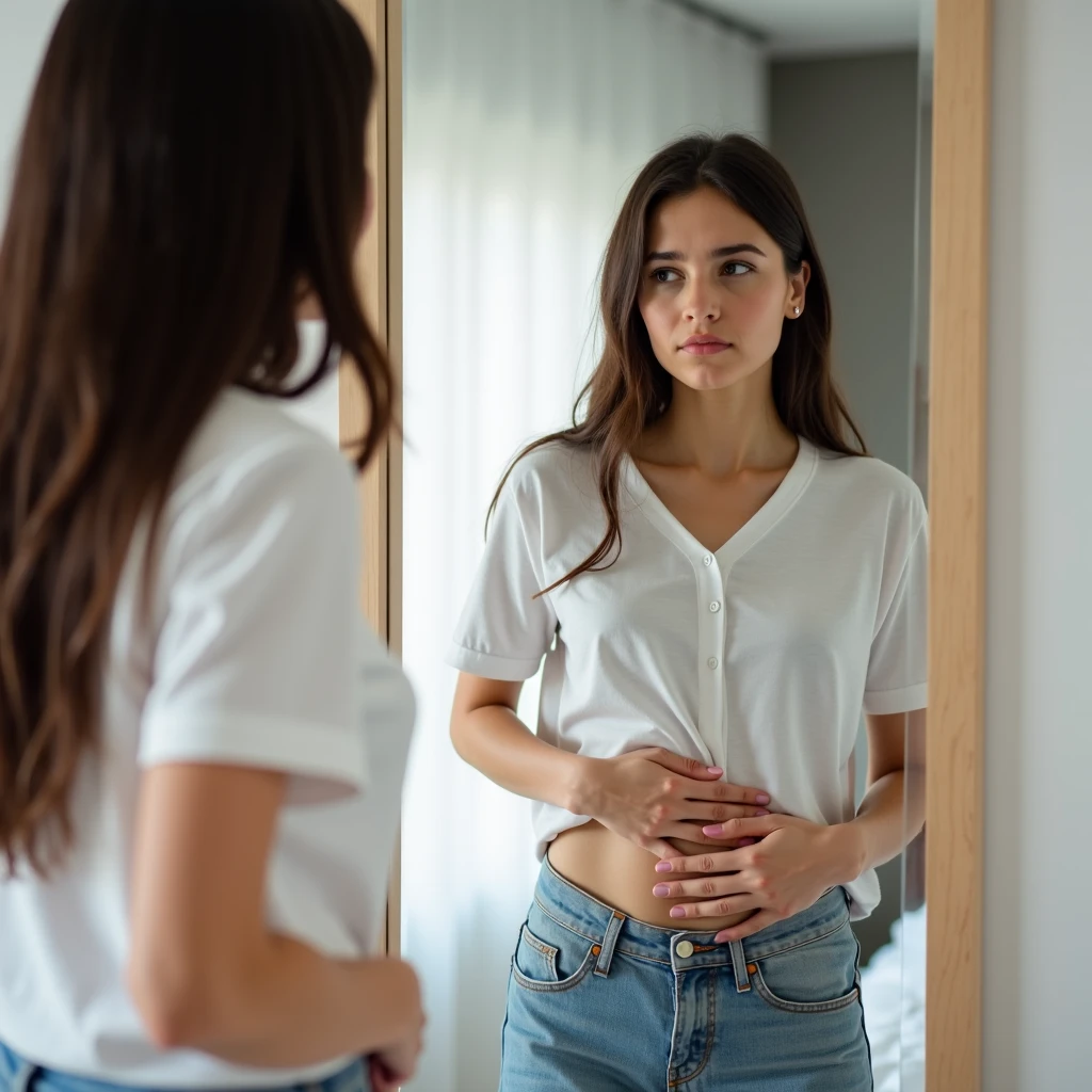 woman with black hair. Mince. White shirt. with white pants. She takes photos behind the mirror, her head is hidden by her iPhone
