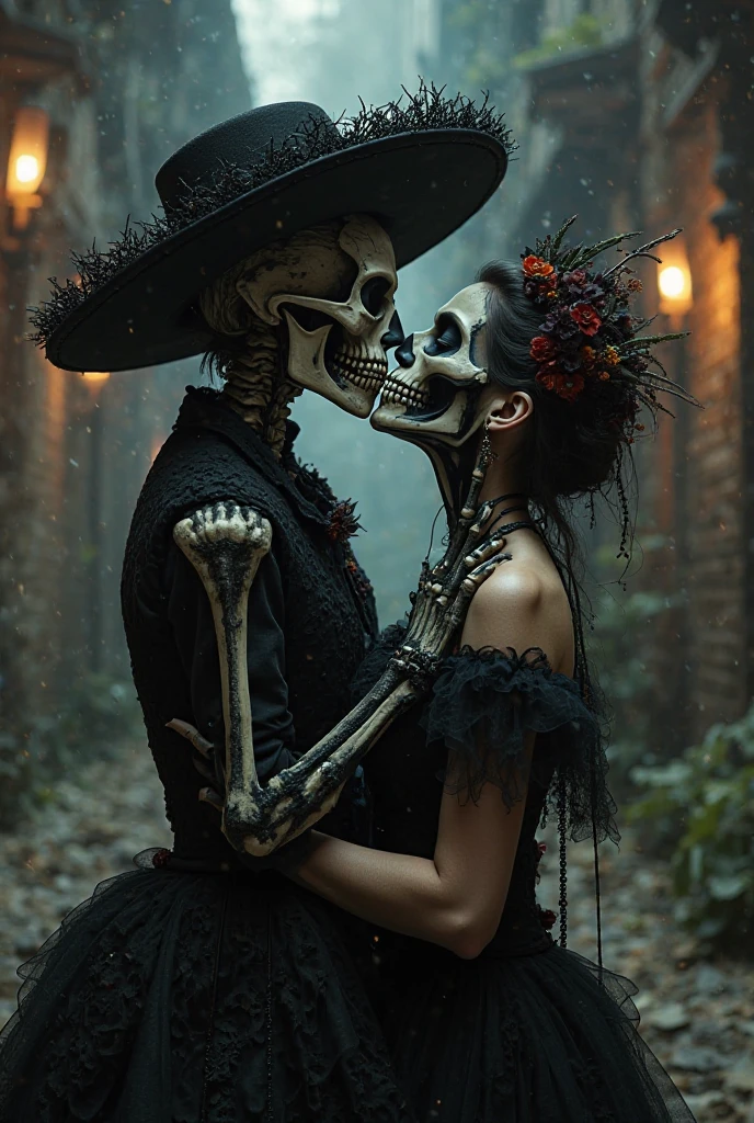 SMILING WOMAN ENTITY CALLED SKULL ROSE, WITH A BEAUTIFUL WOMAN'S HUMAN FACE WITH RED LIPSTICK AND HALF OF A SKULL'S FACE, SHE HAS SHORT WAVY HAIR, WITH MANY ROSES OF VARIOUS COLORS IN HER HAIR AND HAS A VEIL THAT COVERS HER BLACK LACE ROSE , SHE WEARS A PURPLE DRESS WITH LACE AND MANY LACES WITH CRUCIFIXES, SHE WEARS A BLACK LACE GLOVE AND HOLDS THE HAND OF A WHITE MAN WHO HAS A MUSTACHE AND BLACK HAIR WITH BLACK EYES WHICH HE WEARS WITH A BLACK TOP TOP, AND BLACK CLOTHES FROM THE 1920s HE LOOKS AT ROSA SKULL HAPPY