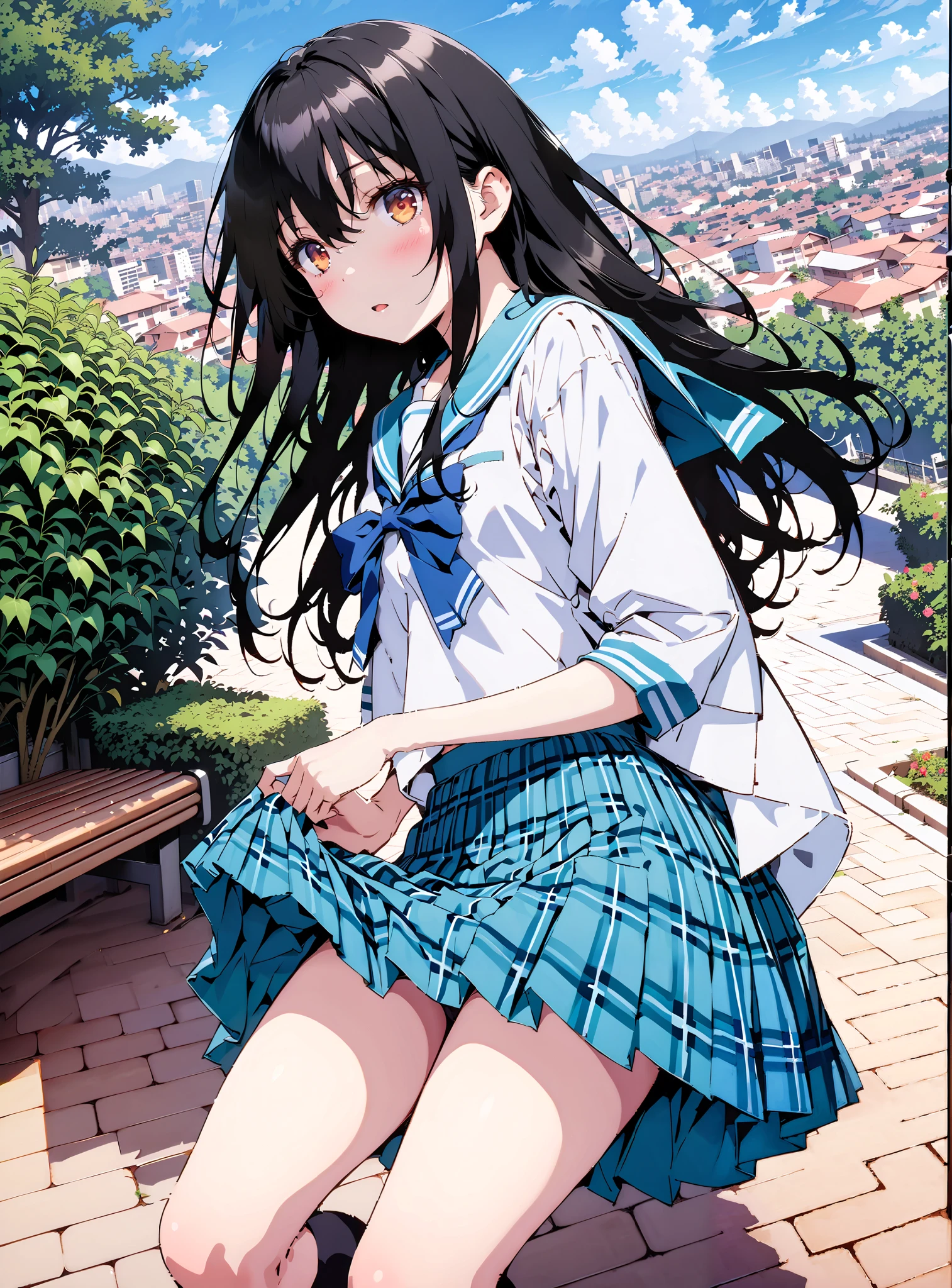 Yukina Himeragi,semi-long hair, black hair, brown eyes, medium chest,, skirt, bow, school uniforms, pleated skirt, sailor suit, sailor color, blue skirt, plaid , blue bow, black high socks, is standing, bench, Soft Breeze,skirtタグ , eyelashes skirt tug,skirt,lift of the wind , mad at my anal,is embarrassing,blush,Beautiful cityscape,open your mouth, angle from below, break outdoors,garden,
break looking at viewer,full body,
break (masterpiece:1.2),highest quality , kampala, Unity 8K Wallpaper ,(shape:0.8),( fine, beautiful eyes :1.6),It's a person ,full body写真,CG Details , (perfect hands, complete anatomy),