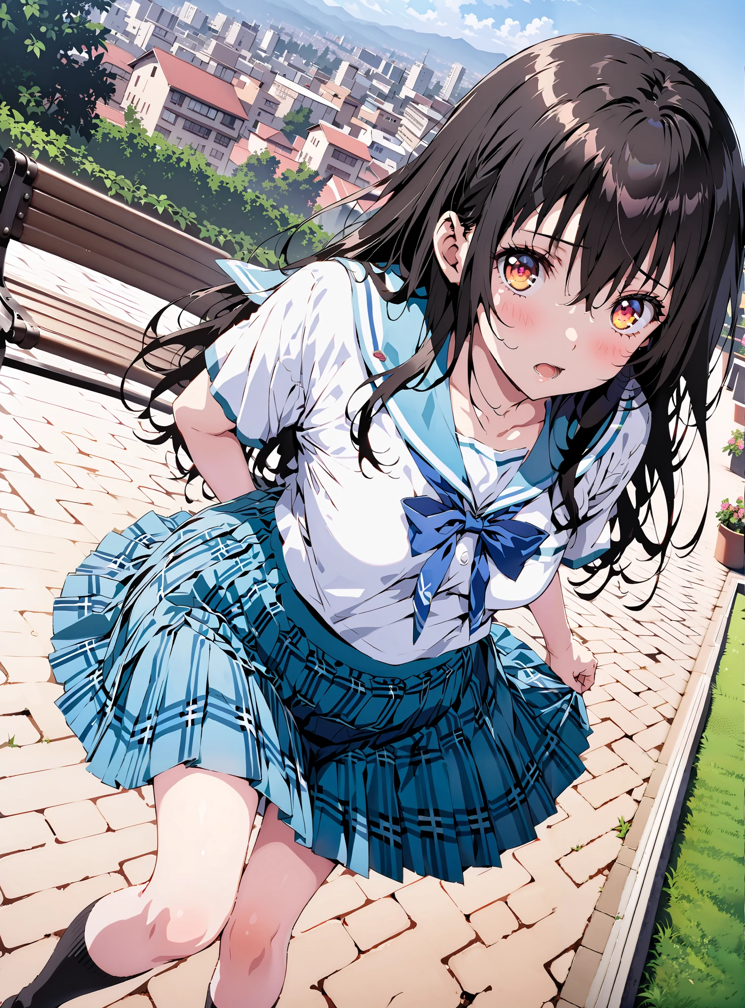 Yukina Himeragi, long hair, black hair, brown eyes, medium breasts,, skirt, bow, school uniforms, pleated skirt, sailor suit, sailor color, blue skirt, plaid , blue bow, black high socks, bench, Soft Breeze,skirtタグ , eyelashes skirt tug,skirt,lift of the wind , mad at my anal,is embarrassing,blush,Beautiful cityscape,open your mouth, angle from below, break outdoors,garden,
break looking at viewer,full body,
break (masterpiece:1.2),highest quality , kampala, Unity 8K Wallpaper ,(shape:0.8),( fine, beautiful eyes :1.6),It's a person ,full body写真,CG Details , (perfect hands, complete anatomy),
