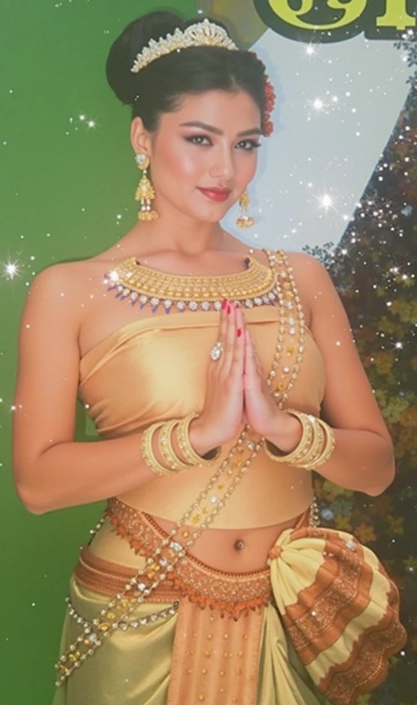 Prompt: Full HD, hyperrealistic image, of a beautiful malay woman, smiling face, standing body, full body, hands in namaste position, wearing hijab and light white dress, decorated, namaste hand pose,🙏.gray background with gold ornaments, Geometric gold ornaments, a miniature mosque, green ketupat and two gold lanterns hang in the room