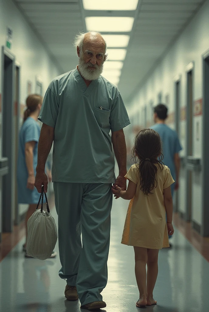 year: 2023. Location: Sweden. Pre-Raphaelite scene with a 59-year-old man, ((clean classic look)), ((grumpy)) ((strict)), in the (((hospital waiting room))) with two little girls (ages 7 and 3), reading a colorful children story, ((((Clothing from the 2020s, shirt and trousers)))) ((Hairstyle of the 2020s)), (((in the style of "OMITB")))