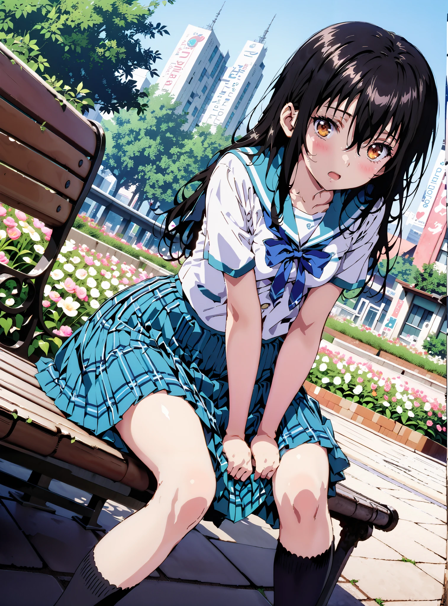 Yukina Himeragi,semi-long hair, black hair, brown eyes, medium breasts,, skirt, bow, school uniforms, pleated skirt, sailor suit, sailor color, blue skirt, plaid , blue bow, black high socks, is standing, bench, Soft Breeze,skirtタグ , eyelashes skirt tug,skirt,lift of the wind , mad at my anal,is embarrassing,blush,Beautiful cityscape,open your mouth, angle from below, break outdoors,garden,
break looking at viewer,full body,
break (masterpiece:1.2),highest quality , kampala, Unity 8K Wallpaper ,(shape:0.8),( fine, beautiful eyes :1.6),It's a person ,full body写真,CG Details , (perfect hands, complete anatomy),
