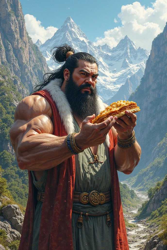 Make a picture of a barbarian holding a hamburger in cartoon 