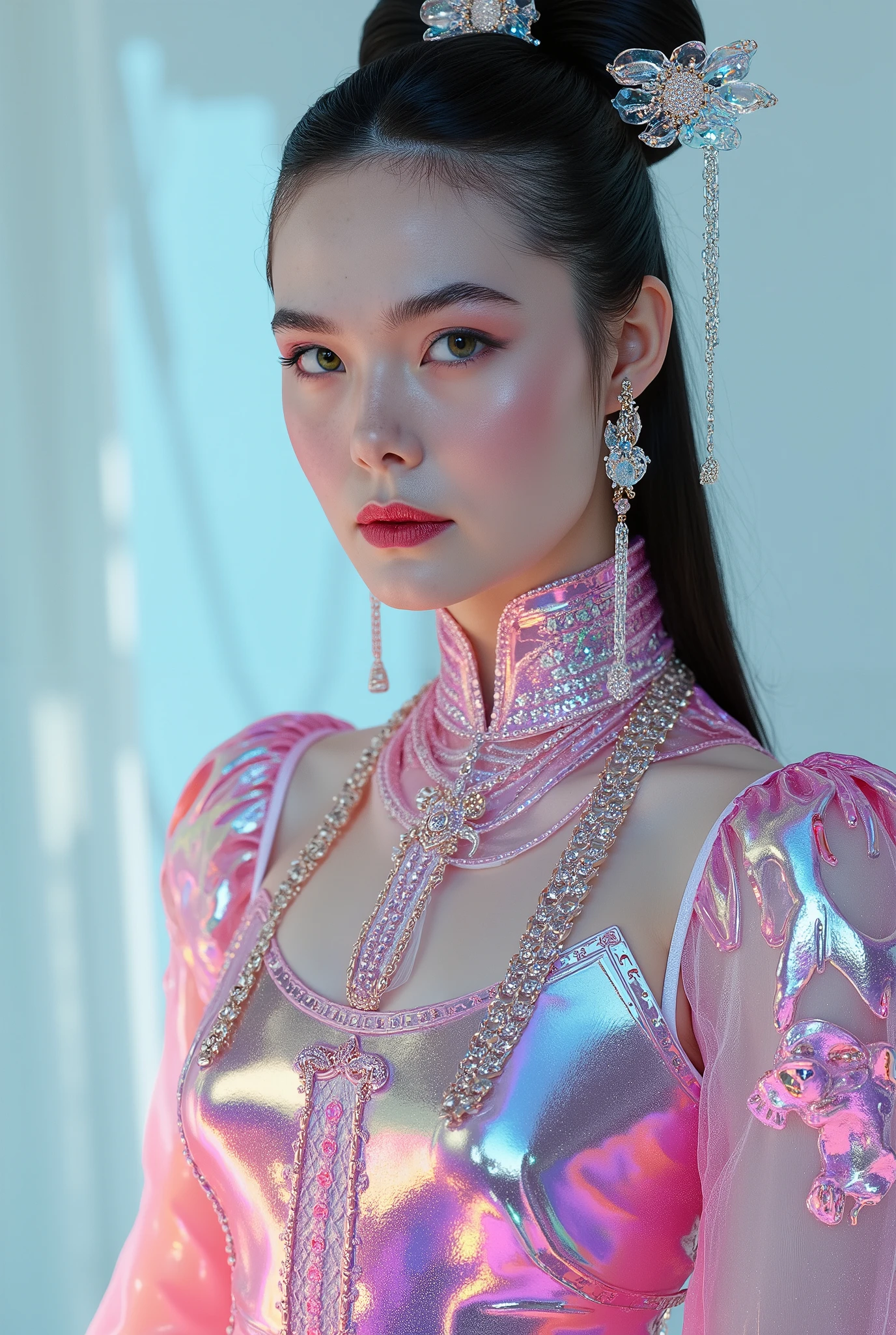 (Full Body), A luminous beauty from ancient dynasties (221 BCE - 220 CE) stands majestically against a neutral background, her vibrant white-green twotone Wuxia attire radiating an otherworldly aura. David Lachapelle's lens captures the frozen moment of her polished body, Si-fi graphics luminescent attire, and captivating gaze meeting the camera with unflinching intensity. reflected light liquid metal fabric attire, 8K resolution reveals razor-sharp features, high-contrast details, and Traditional Chinese hairstyles, while a subtle sheen on her lips hints at the application of Traditional lipstick, spiritual cosmic to realistic, reflected light Glass hair pin