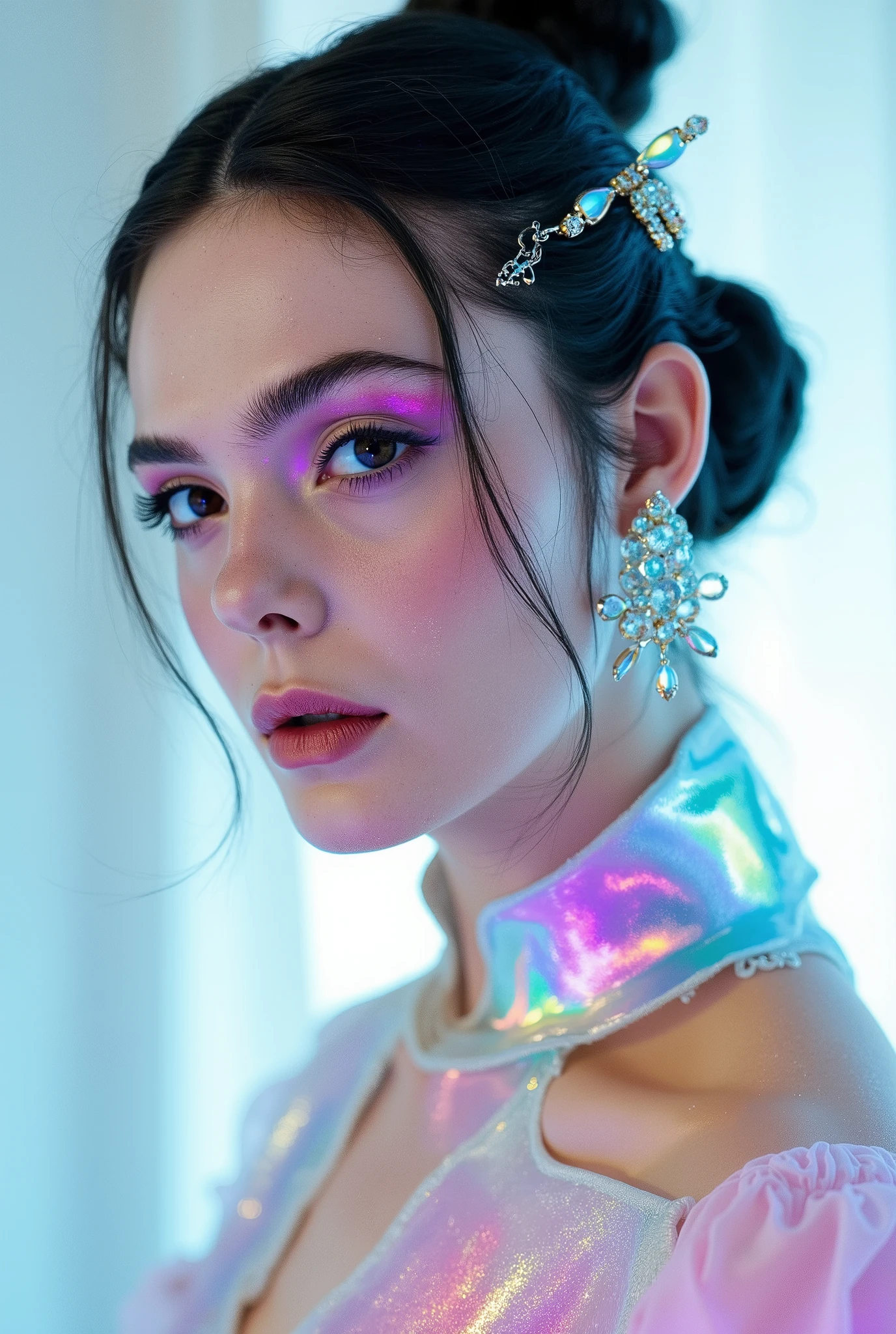 (Full Body), A luminous beauty from ancient dynasties (221 BCE - 220 CE) stands majestically against a neutral background, her vibrant white-green twotone Wuxia attire radiating an otherworldly aura. David Lachapelle's lens captures the frozen moment of her polished body, Si-fi graphics luminescent attire, and captivating gaze meeting the camera with unflinching intensity. reflected light liquid metal fabric attire, 8K resolution reveals razor-sharp features, high-contrast details, and Traditional Chinese hairstyles, while a subtle sheen on her lips hints at the application of Traditional lipstick, spiritual cosmic to realistic, reflected light Glass hair pin