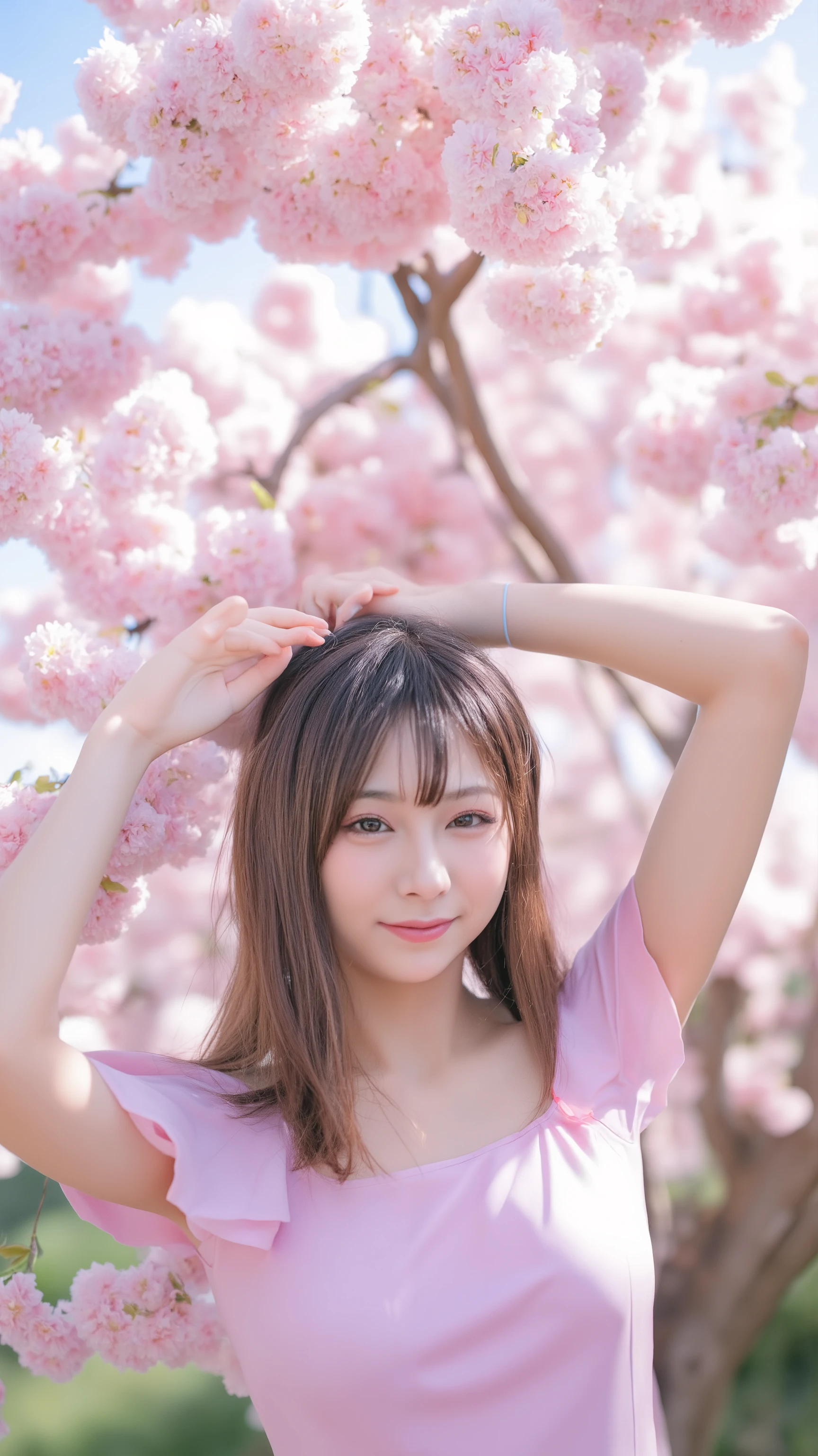 (realistic、as shown in the picture、live-action、8k, Photorealistic)、( cherry blossoms in full bloom:1.3)、(Fitted Off-the-Shoulder Passionate Pink Dress:1.4、clothes that fit the body、Big Breasts、(( pink inner colored hair :1.1))、 female 1 person、Japanese Gals、((during the daytime:1.5))、long hair:1.2、long hair、Hair Clips to Up Your Hair、smile、(Standing by a cherry blossom tree、 cherry blossoms in full bloom、Cherry Blossom and Blue Sky Collaboration)、(( view from below、 composition looking up from the ground:1.1))、Accurate depiction of people based on anatomy