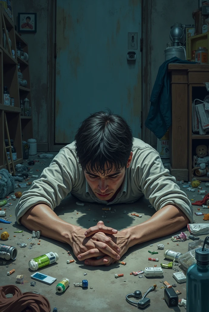 You are an AI capable of creating realistic images. Por favor, crie uma imagem de um homem em um quarto escuro, with an expression of fear and hands pressed to his ears. He's mentally fighting demonic voices that echo around the room. The atmosphere is gloomy, com pouca luz, highlighting man's anguish and despair. Be sure to capture the tension and oppressive atmosphere of the moment.