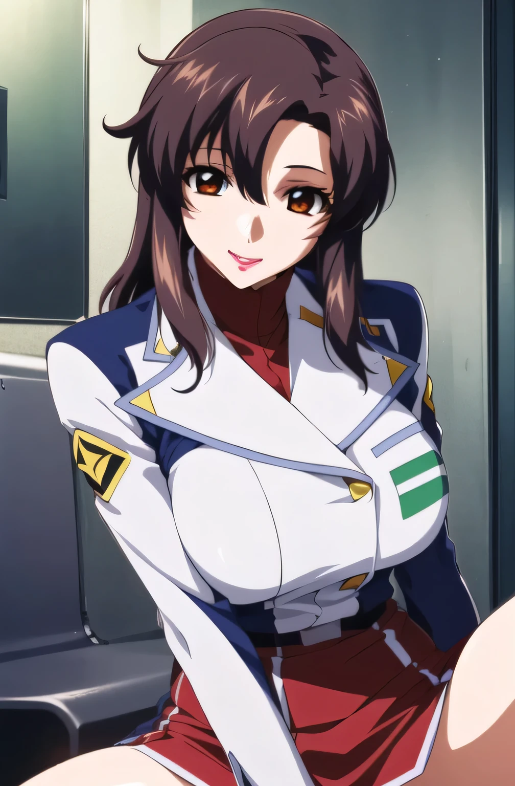  Please draw big breasts even bigger breasts，spread your legs and show off your black panties，garter belt in front of me，                2-high stockings                               ，   face that has a thin waist even with big breasts，I want to draw expressions even more delicately on a 40-year-old adult woman，，                  When You Spread Your Legs                 ,  office lady uniform，even shorter, please draw the facial expression more delicately，The skin on the jacket is hidden by the uniform，That's enough for me，draw an expression on the face even more delicately，             simple background    , Please draw big breasts even bigger breasts,My waist is thin even with big breasts，
military uniform, military,              jacket,                                     blue and white uniform ,Please draw a shorter micro skirt, my whole body，  
Front hair,Tea color_hair, length_hair,red Eye ,lipstick, offset,
              1 girl, I want to draw expressions even more delicately on a 40-year-old adult woman，,                                     young woman      ,beautiful Finger,beautiful length legs,beautiful body,beautiful Nose,beautiful character design, perfect Eye , perfect face,expressive Eye ,                                     perfect balance                                    ,
 ,(Focus on her face),                                   I closed my mouth                     , (Innocent_big_Eye :1.0),light_笑face,
             official art,              very detailedCG 、                           Unity 8k wallpaper                  ,  Full light,colorful,                                  bright          _Front                        _face_lighting,                                     white skin,
(masterpiece:1.0),(Highest_quality:1.0),          ,4K,very detailed,
    photo shoot, 8k,  High image quality,  High image quality,              absurd:1.2,               Kodak Portra 400        ,               film grain  ,          Blurry Background, bokeh:1.2,               lens flare              , (                          vibrant_color:1.2),   Professional photo shoot ,
(beautiful,huge_Chest for Men:1.4), (beautiful_face:1.5),(Narrow                       _                       waist                       ),