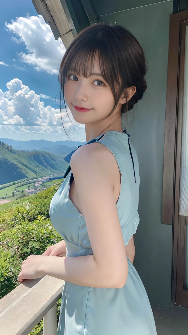 (Background, Magnificent mountain views, blue open sky, white clouds):1.3, (medium hari, dark brown hair), (top-quality, Photorealsitic:1.4, masterpiece:1.3, RAW Photography:1.2, cinematric light, very detailed illustration), (1woman:1.3, solo), (Mountain girl style), (mountaineer), (Walking along a mountain trail), (ultra delicate face, ultra Beautiful fece, ultra delicate eyes, ultra detailed nouse, ultra detailed mouth, ultra detailed facial features), woman, (medium breast:1.3), from the front side, skiny, lipgloss, Show cleavage