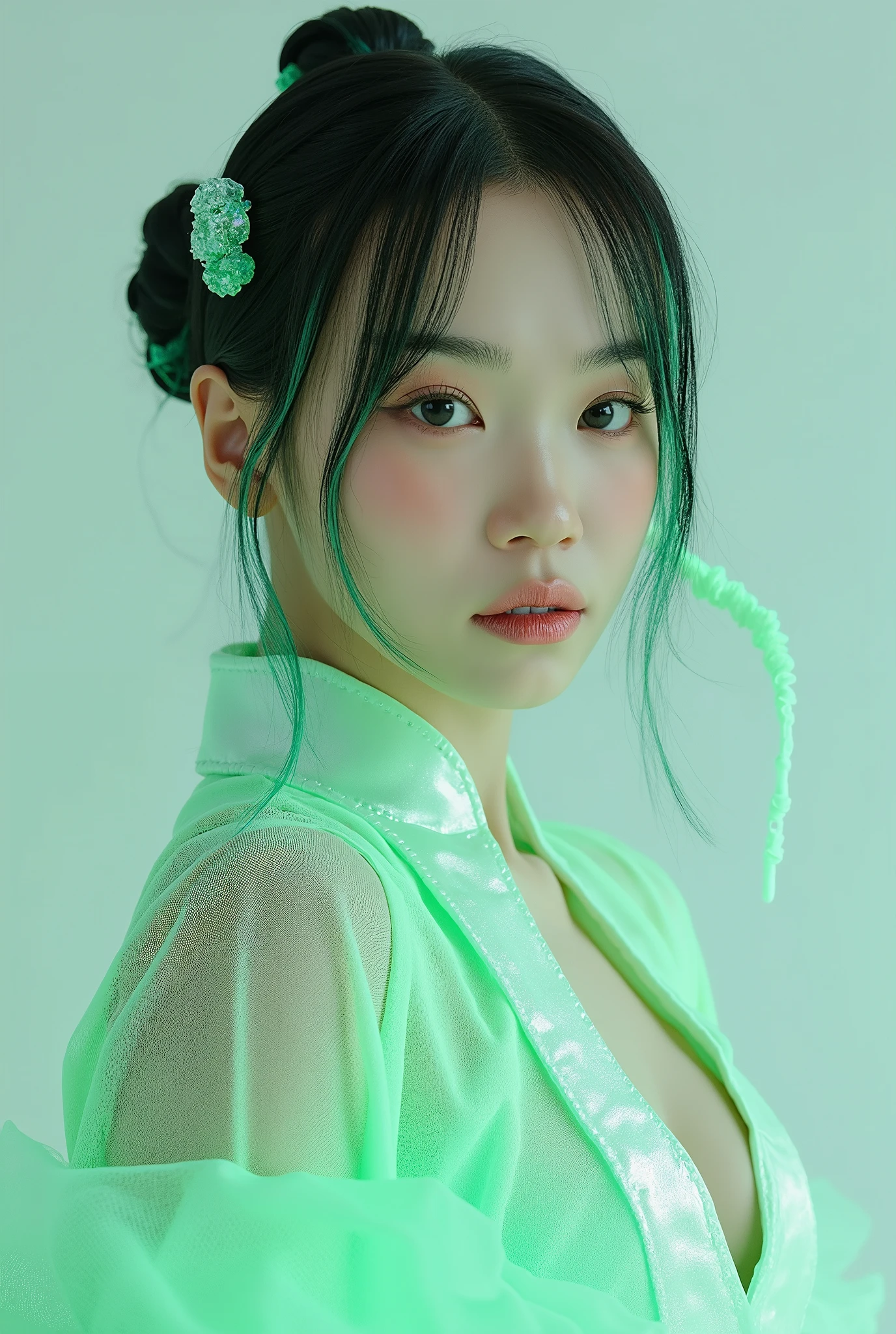 (Full Body), A luminous Korean beauty from ancient dynasties (221 BCE - 220 CE) stands majestically against a neutral background, her vibrant white-green twotone Wuxia attire radiating an otherworldly aura. David Lachapelle's lens captures the frozen moment of her polished body, Si-fi graphics luminescent attire, and captivating gaze meeting the camera with unflinching intensity. reflected light liquid metal fabric attire, 8K resolution reveals razor-sharp features, high-contrast details, and Traditional Chinese hairstyles, while a subtle sheen on her lips hints at the application of Traditional lipstick, spiritual cosmic to realistic, reflected light Glass hair pin