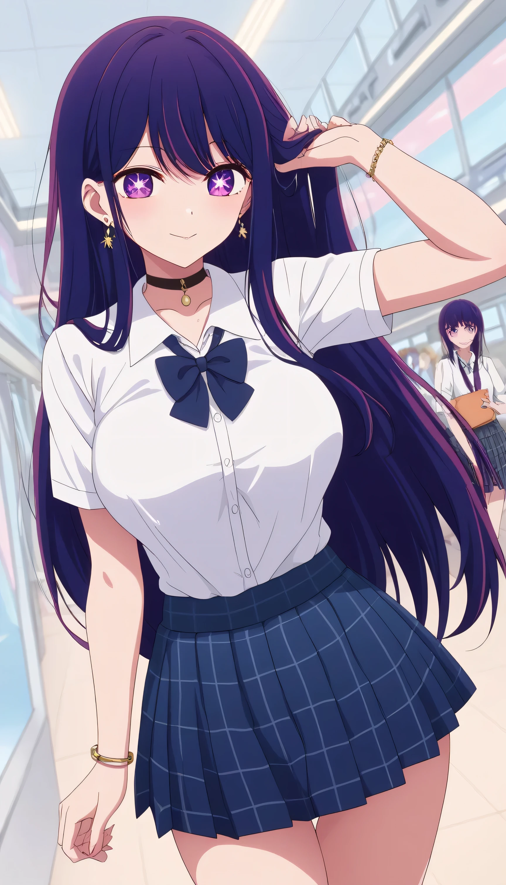 ((masterpiece、 best quality、 very detailed))、 one girl、ai hoshino, long hair, bangs, purple eyes, purple hair, symbol-shaped pupils, skirt, shirt, jewelry, school uniform, white shirt, mini skirt, pleated skirt, earrings, necktie, choker, bracelet, blue skirt, plaid, black choker, plaid skirt, white thong pushed inside crack ass, large breast, thicc thigh, thigh ass, huge ass, mall street