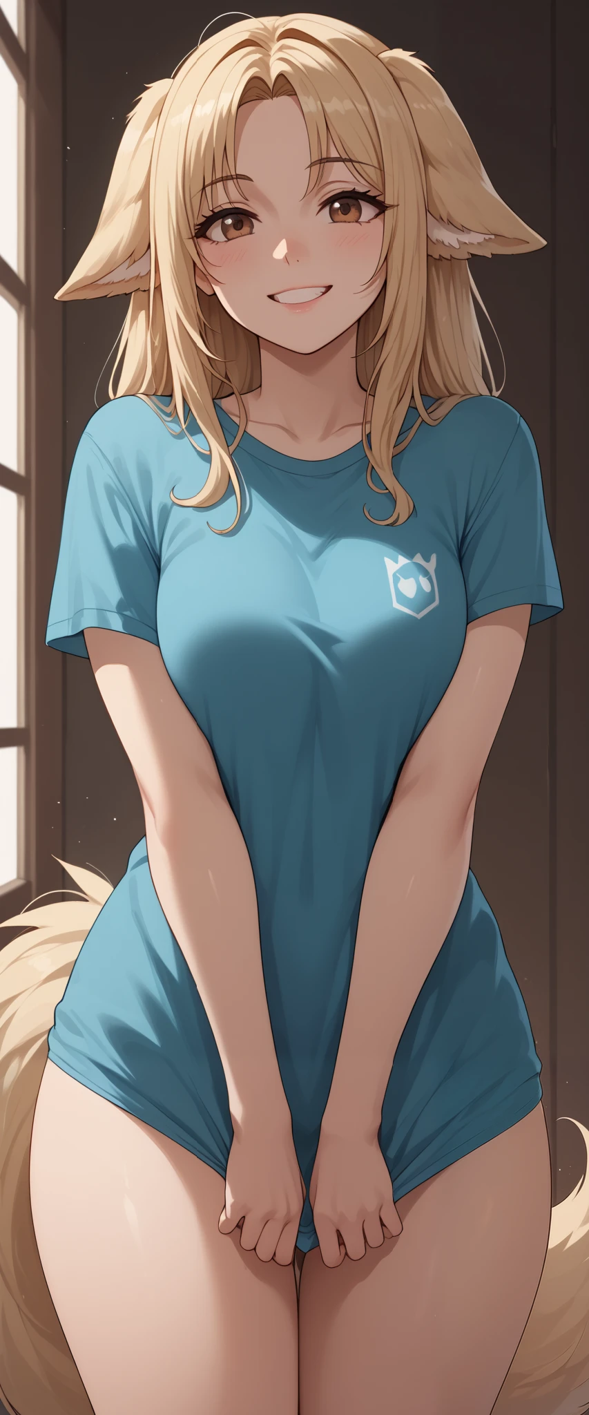 (Masterpiece) (High Detail) (High Res) A short curvy slim Humanoid canine female with pale human skin and brown eyes and long blonde straight hair and fluffy blonde floppy doggy canine ears and a long fluffy blonde doggy canine tail and medium breasts. She is stood and is wearing a long thigh-length baggy oversized teal t-shirt. She is smiling shyly.