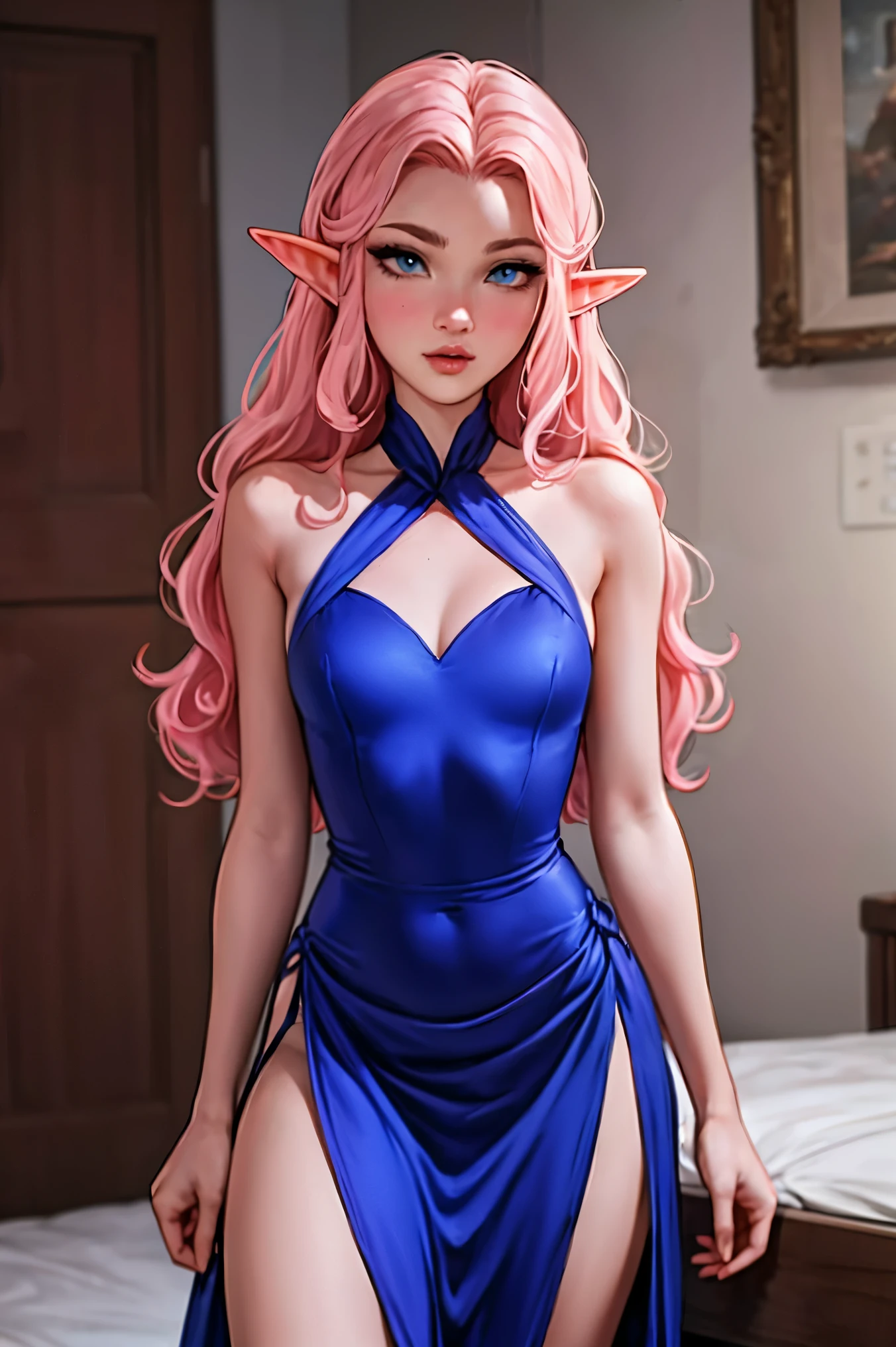 Woman, long wavy hair, pink hair, blue eyes, elf, crown, queen, sexy, naughty,