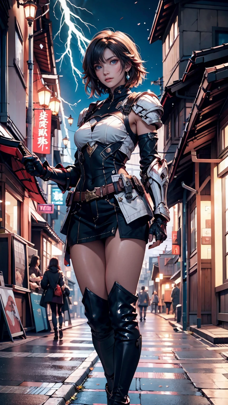 a woman stands on the sidewalk in the city, Lineage 2 revolution style, Sword and soul, Beautiful screenshot, Screenshot of the mod gameplay, Katana Zero video game character, fantasy outfit, 8 thousand. character details