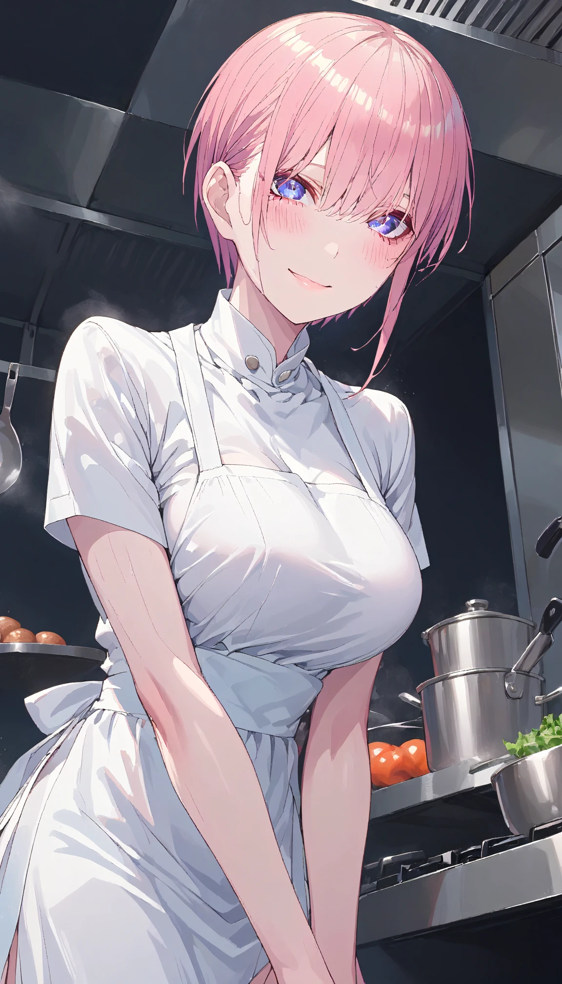 Dark-haired junior high school girl、Japanese、Berry Short、mash、Bobcut、cute、Large breasts、The chest is emphasized、Naked Apron、Embarrassing、Red face