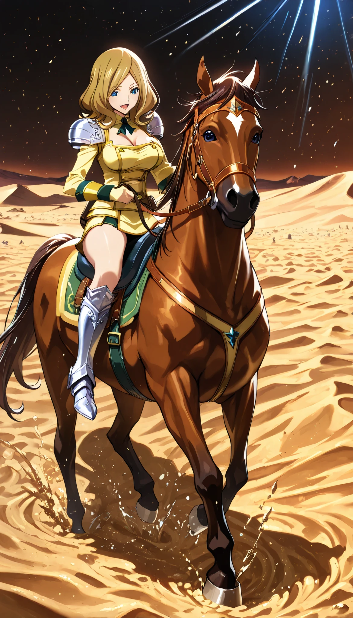 ((best quality)), ((anime masterpiece)), (high detailed), 8k, cinematic lighting, perfect face, female knight riding a HORSE, open mouth: 0.3, eyes wide open, (milly ashford, blonde hair, blue eyes, parted bangs, large breasts}, medium breast, cleavage), (yellow armor, silver pauldron, yellow miniskirt, bare legs, silver greaves), (brown horse, brown mane, brown tail, saddle, reins, bridle, stirups, partially submerged in sand), solo, desert, falling into quicksand, both hand holding rein, from side: 1.2, looks panic, anatomically correct,