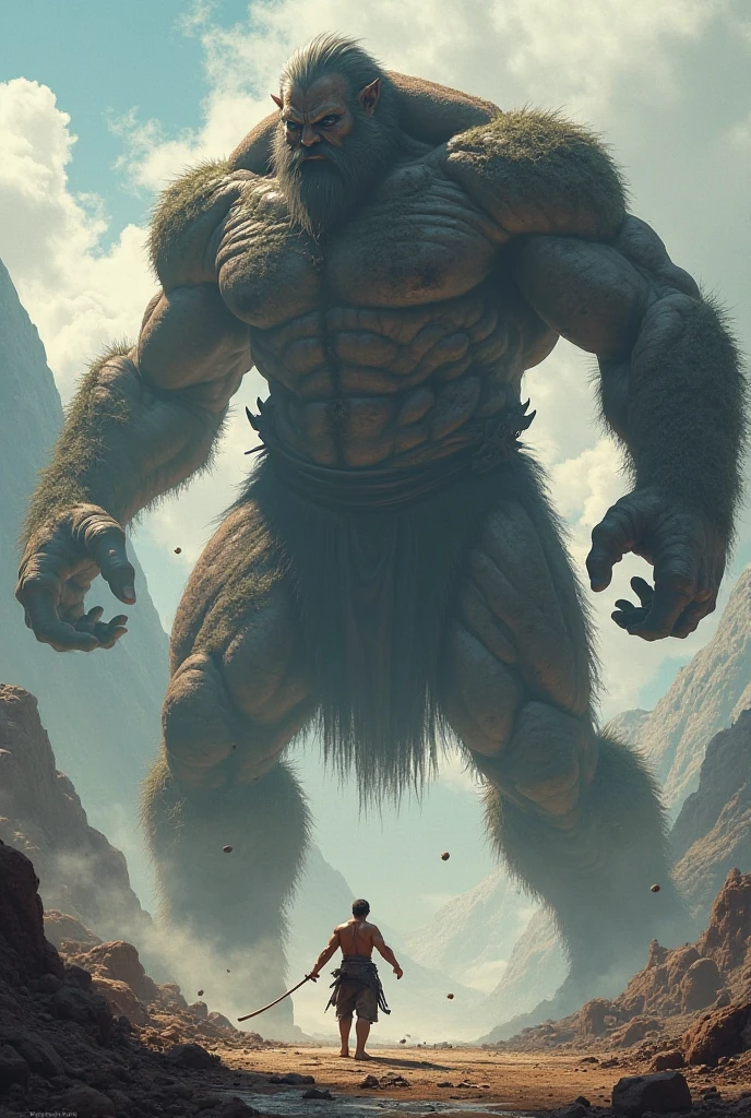 A giant chasing a thief who stole his golden egg in a green pasture