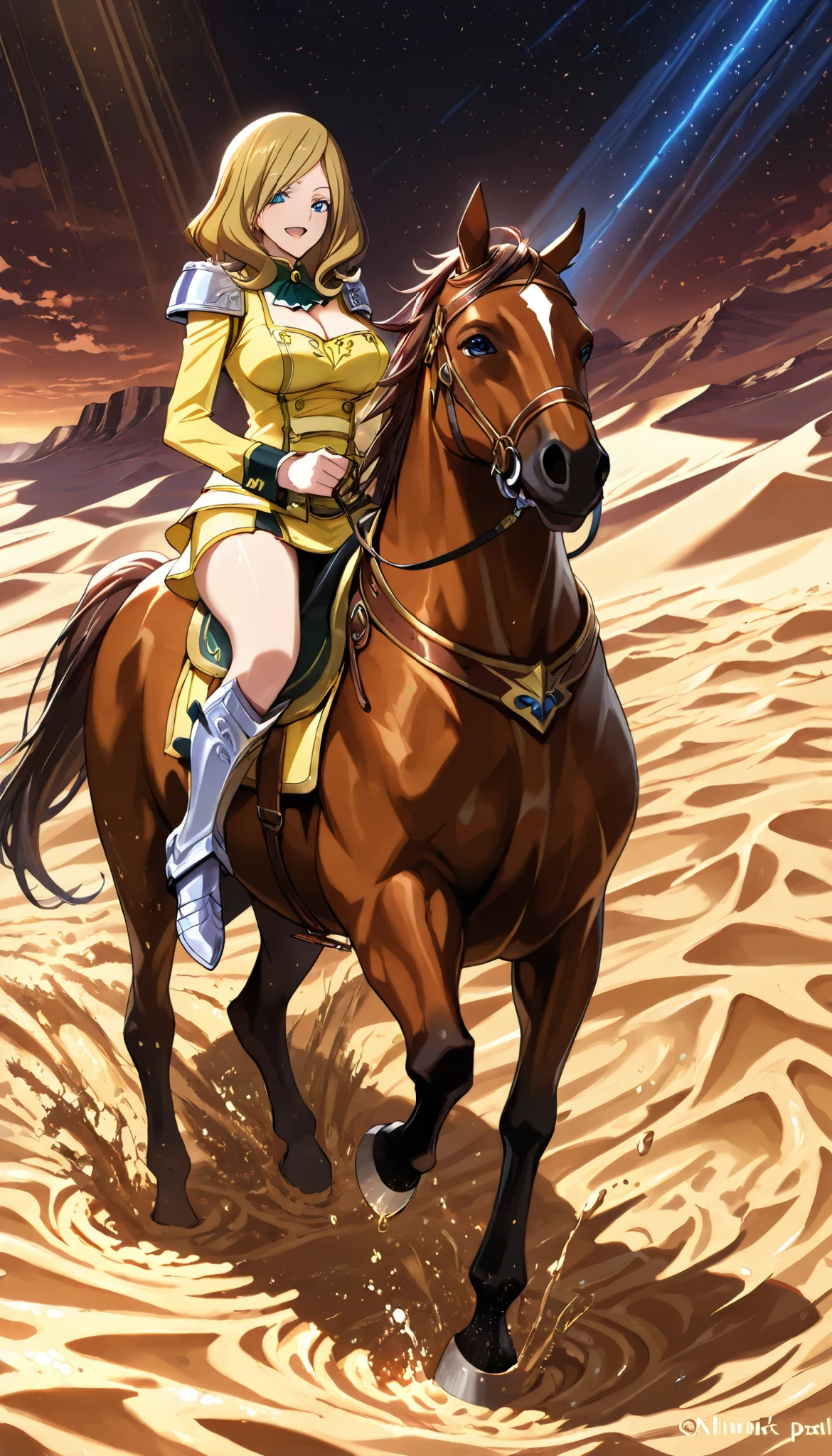 ((best quality)), ((anime masterpiece)), (high detailed), 8k, cinematic lighting, perfect face, female knight riding a HORSE, open mouth: 0.3, eyes wide open, (milly ashford, blonde hair, blue eyes, parted bangs, large breasts}, medium breast, cleavage), (yellow armor, silver pauldron, yellow miniskirt, bare legs, silver greaves), (brown horse, brown mane, brown tail, saddle, reins, bridle, stirups, partially submerged in sand), solo, desert, falling into quicksand, both hand holding rein, from side: 1.2, looks panic, anatomically correct,