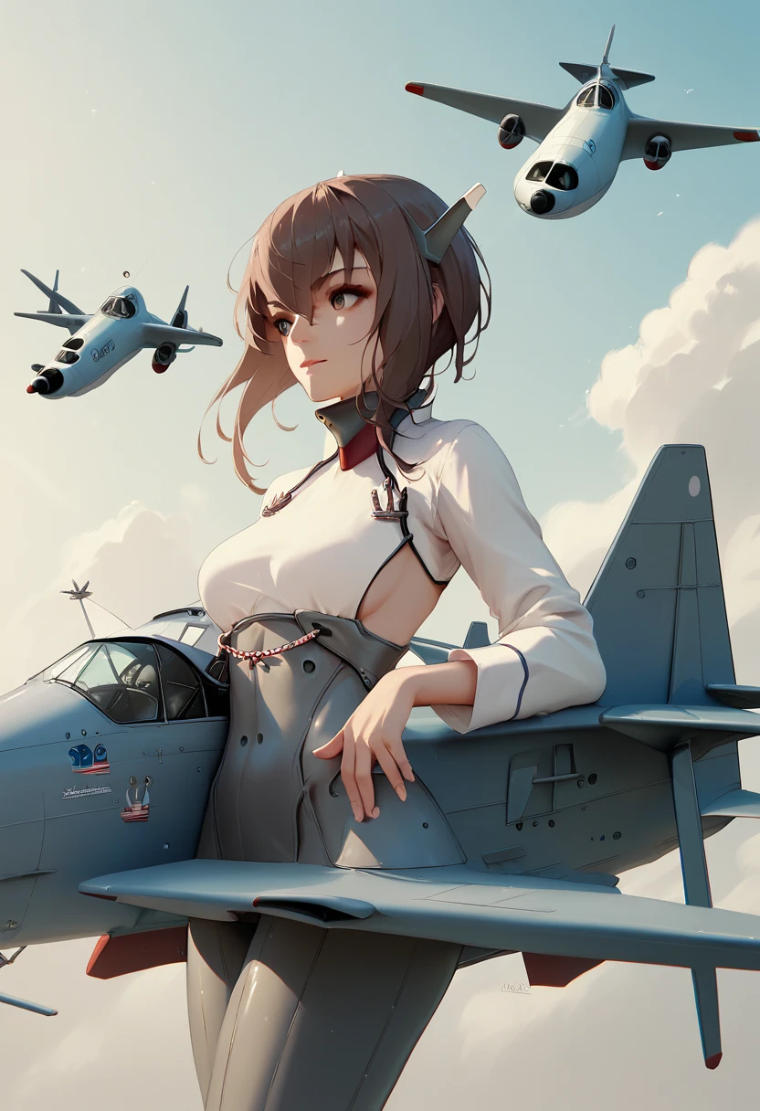1girl, solo, burning landscape, village, trees, sun, clouds, war, silver hair, twintail, large breasts, ((military pattern green shirt)), button down shirt, ((short sleeved shirt)), ((unbuttoned shirt)), popping buttons, unbuttoning buttons, cleavage 1:3, ((shorts)), blue eyes, grin, machine gun in hand, looking at the viewer, dinamic pose, run, hair ribbon, aircraft on the air, tanks