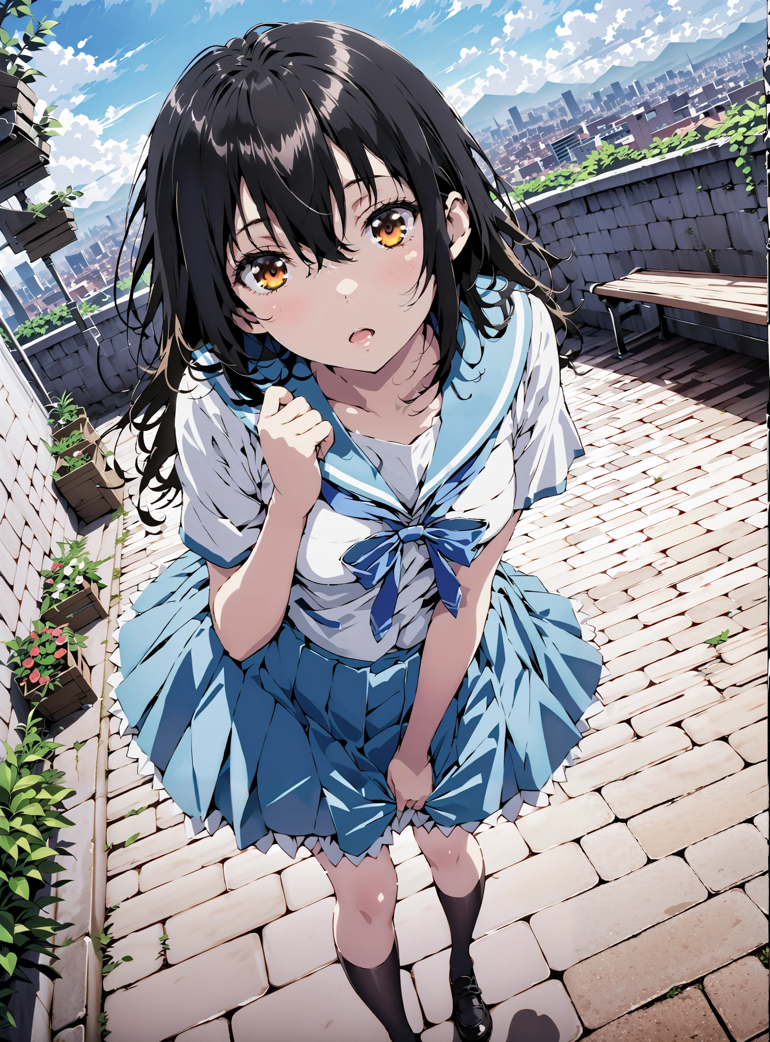 Yukina Himeragi,semi-long hair, black hair, brown eyes, medium chest, mad at my anal,is embarrassing,skirt, bow, school uniforms, pleated skirt, sailor suit, sailor color, blue skirt, plaid , blue bow, black high socks, is standing, bench,black string panties,Soft Breeze,skirtタグ , eyelashes skirt tug,skirt,lift of the wind ,Beautiful cityscape,open your mouth, angle from below,full bodyがイラストに入るように, break outdoors,garden,
break looking at viewer,full body,
break (masterpiece:1.2),highest quality , kampala, Unity 8K Wallpaper ,(shape:0.8),( fine, beautiful eyes :1.6),It's a person ,full body写真,CG Details , (perfect hands, complete anatomy),