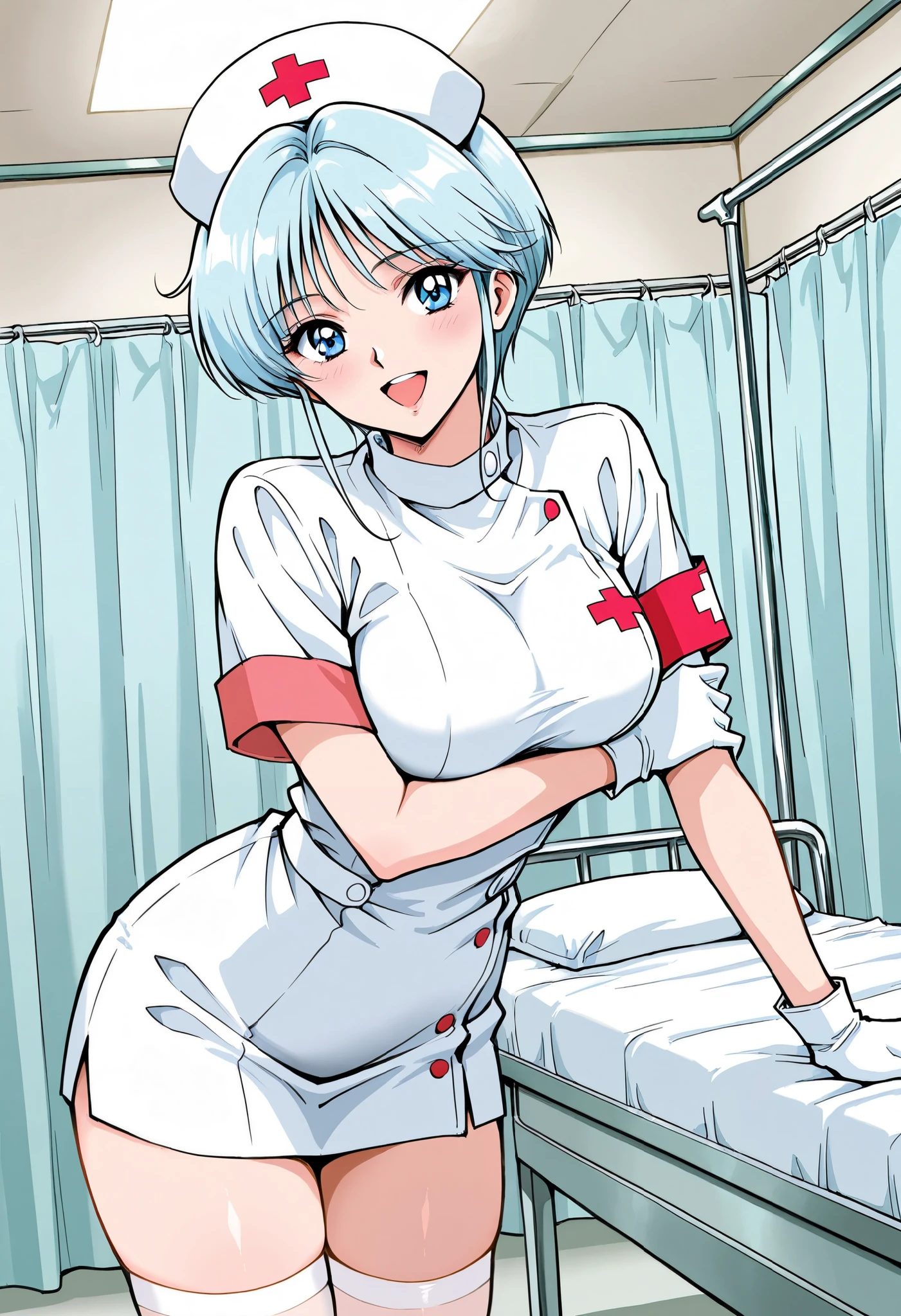 Score_9, score_8_up, score_7_up, source_anime, Yukime, solo, light blue hair, blue eyes, large breasts, short hair, long sideburns, 1990s, (best quality), (high quality), {masterpiece}, extremely delicate and beautiful, ultra-detailed, beautiful detailed eyes, nurse, nurse hat, ((white nurse's outfit)), white gloves, white thighhighs, hospital room, smile, open mouth, standing