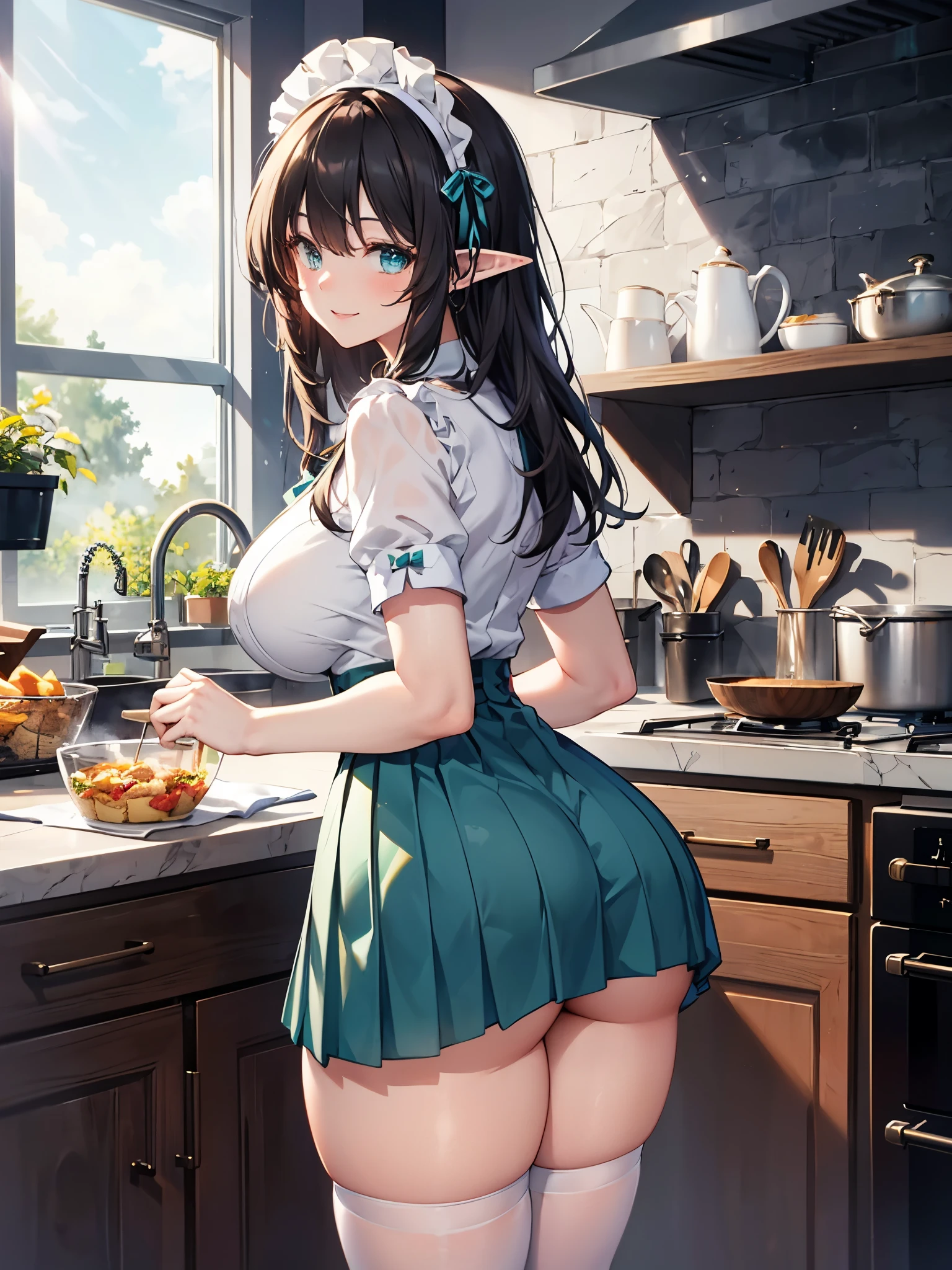 masterpiece,ultra detailed,1woman,off-the -shoulder short summer blouse,patterned medium skirt,lifted skirt,wet buttocks,standing,at tokyo,curvy body,medium tied up hair,black hair,(tareme),blushed,make up,mature cheerful woman,green eyes,