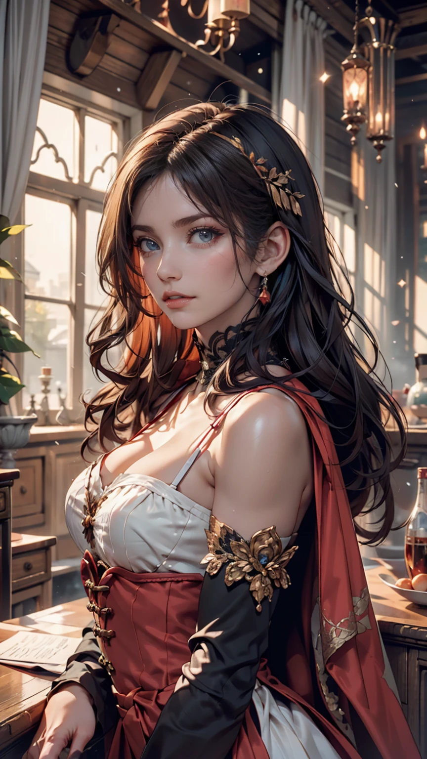 Gray-haired woman, Grey Eyes, Royalty, Red dress, Red Jewelry, Red earrings, Lunar, noble, Lady, high quality, Very detailed, Detailed face, masterpiece, city, Drinking tea, garden, Flowers, Light