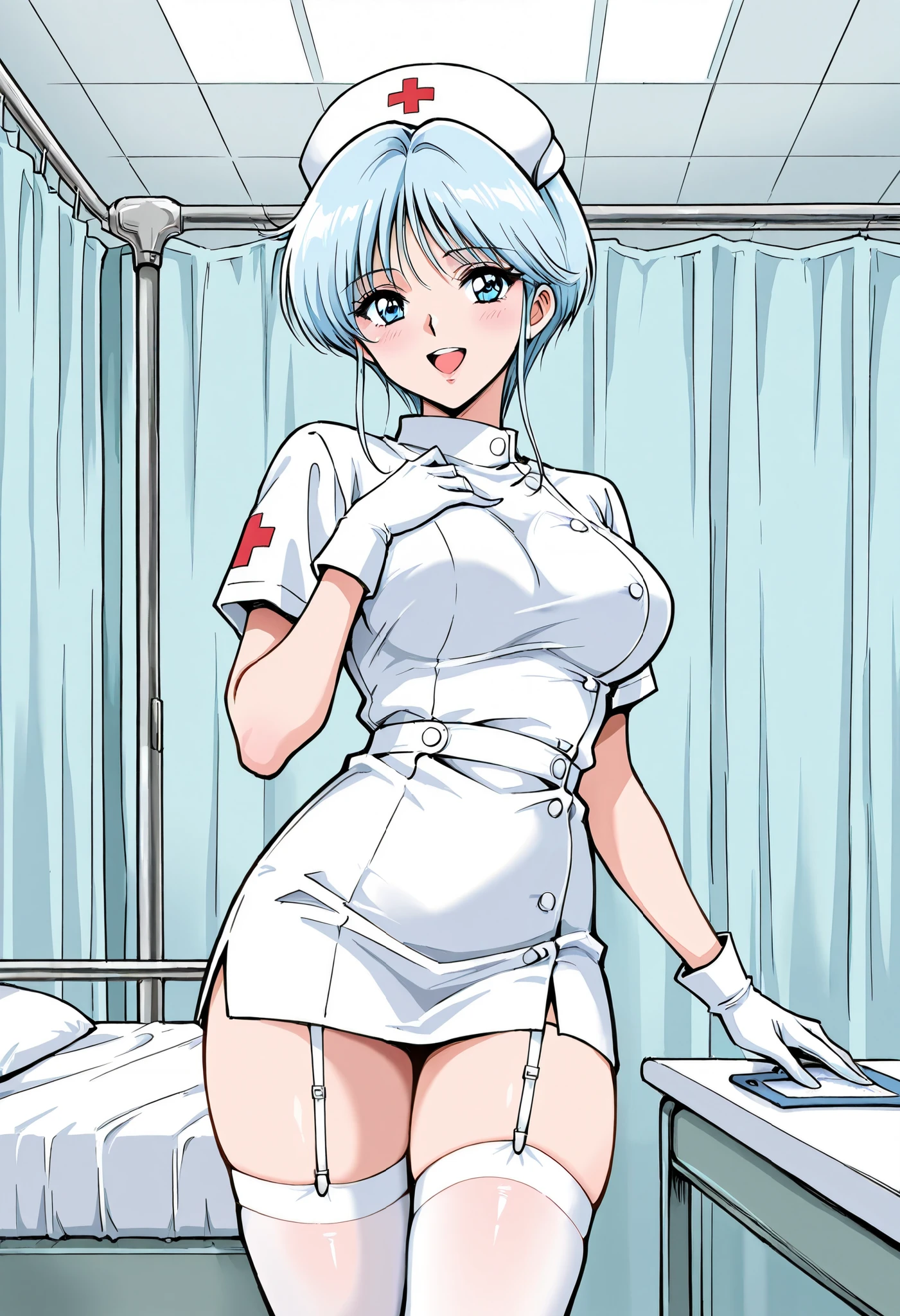 Score_9, score_8_up, score_7_up, source_anime, Yukime, solo, light blue hair, blue eyes, large breasts, short hair, long sideburns, 1990s, (best quality), (high quality), {masterpiece}, extremely delicate and beautiful, ultra-detailed, beautiful detailed eyes, nurse, nurse hat, ((white nurse's outfit)), white gloves, white thighhighs, hospital room, smile, open mouth, standing