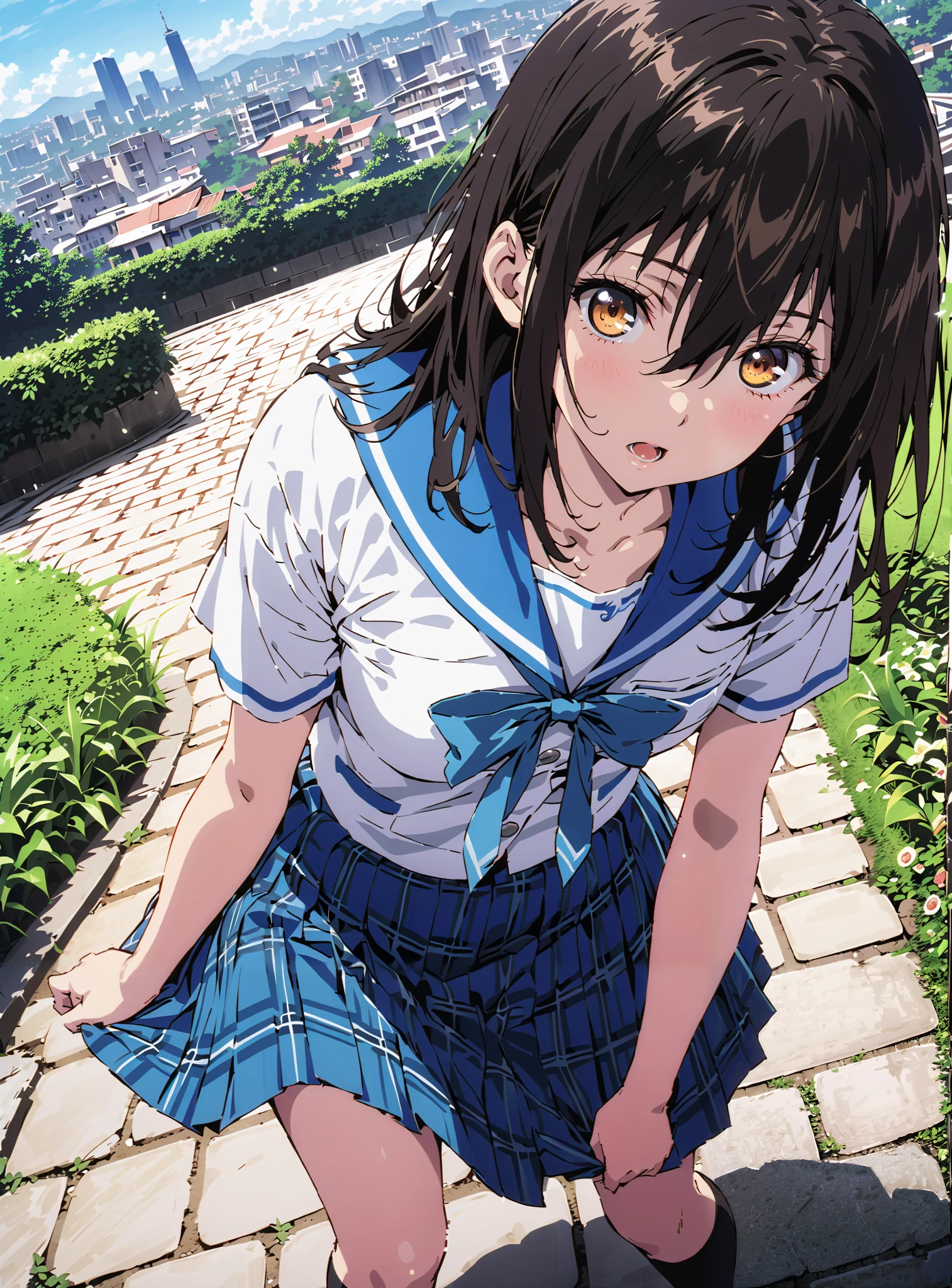 Yukina Himeragi,short hair, black hair, brown eyes, medium chest, mad at my anal,is embarrassing,skirt, bow, school uniforms, pleated skirt, sailor suit, sailor color, blue skirt, plaid , blue bow, black high socks, is standing, bench,black string panties,Soft Breeze,skirtタグ , eyelashes skirt tug,skirt,lift of the wind ,Beautiful cityscape,open your mouth, angle from below,full bodyがイラストに入るように, break outdoors,garden,
break looking at viewer,full body,
break (masterpiece:1.2),highest quality , kampala, Unity 8K Wallpaper ,(shape:0.8),( fine, beautiful eyes :1.6),It's a person ,full body写真,CG Details , (perfect hands, complete anatomy),
