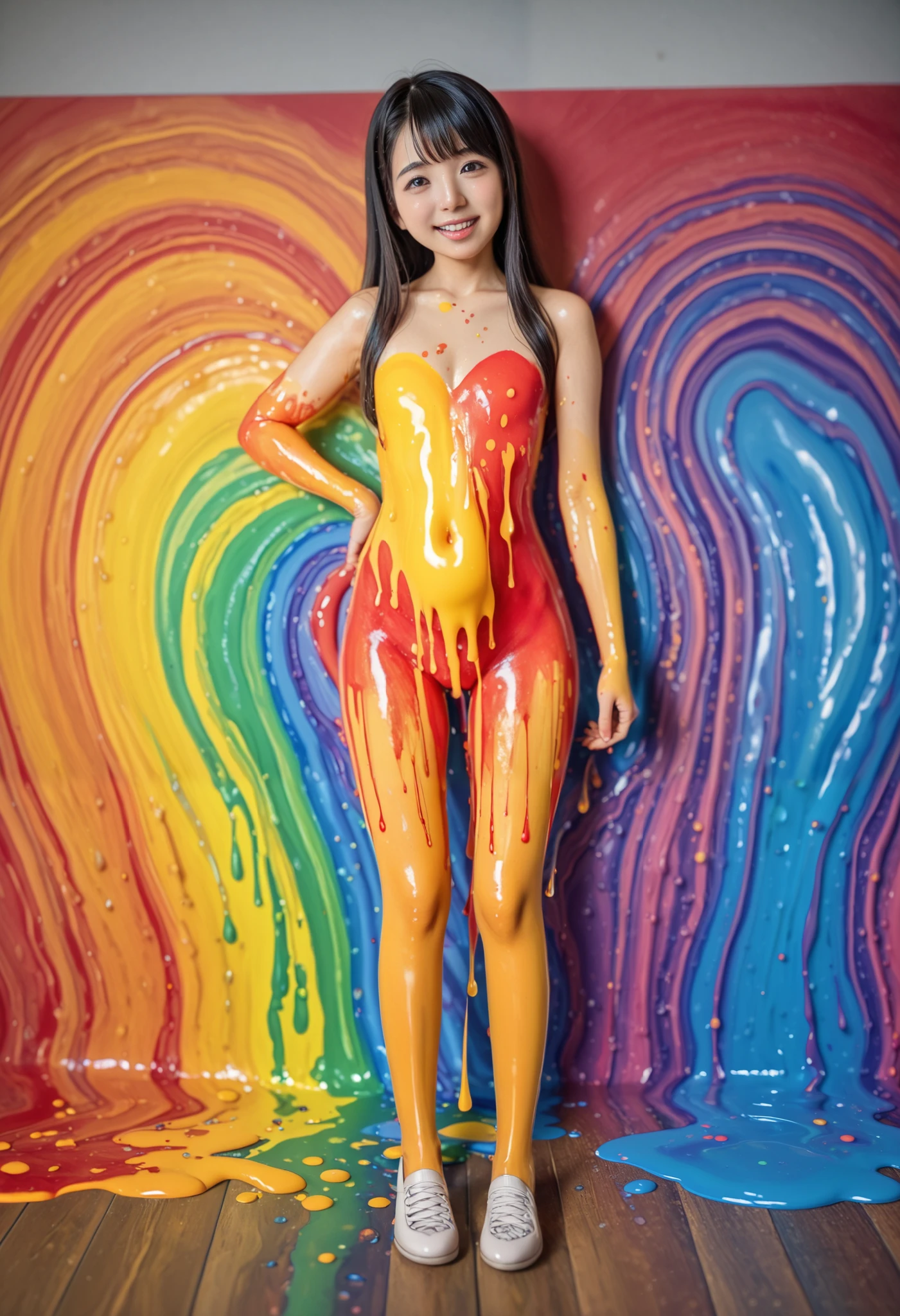 best quality 、high quality 、 highest resolution、High Resolution、8K quality、high definition 、best quality、 masterpiece 、 movie-like images、 Immersive Footage 、 Very realistic looking image 、Realistic Images、 Perfect Details 、 high contrast 、High fidelity、 perfect picture、Close to reality、 images reproduced in detail、Detailed and realistic human body、Detailed and realistic human skin、 Detailed and realistic face、 eyes drawn realistically in detail 、 Realistic lips drawn down to the smallest detail 、 detailed and realistic teeth、Realistic ears、 Realistic hair 、((Japanese models))、((s))、(( ))、((Young face))、(( black hair))、(( small flat chest))、(( body type))、(((full bodyオイルまみれの光沢のある肌)))、(((full body)))、(((Liquid Art)))、(((Mucus Art )))、(((full bodyにカラフルなスライミーを塗る)))、(((Apply colorful paint liquid to the body)))、(((Apply colorful oil paint all over the body)))、(((full bodyにカラフルなオイルを塗る)))、(((full bodyオイルまみれの光沢のある肌)))、(((body that shines uniformly throughout)))、(((Smoothly oiled body)))、((( Shiny Cleavage )))、((( the hips are brightly illuminated )))、(( subject close-up ))
