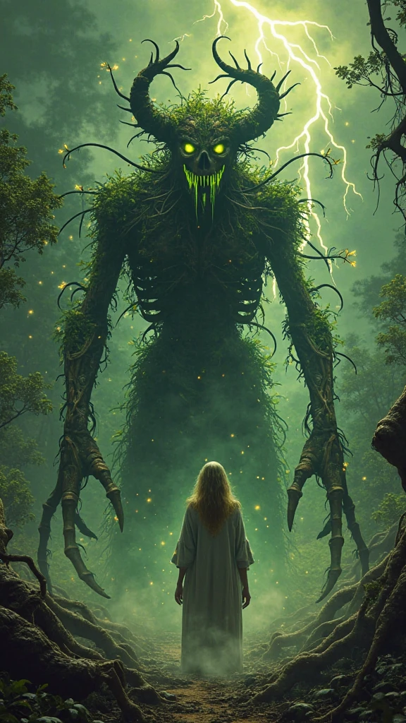 sfw, woman walking in the rain forest towards a highly detailed treant, hollow world, shadows of brimstone, matte painting, highly detailed, natural lighting, dynamic angle, slow shutter speed, narrow angle lens, 35mm, close shot
