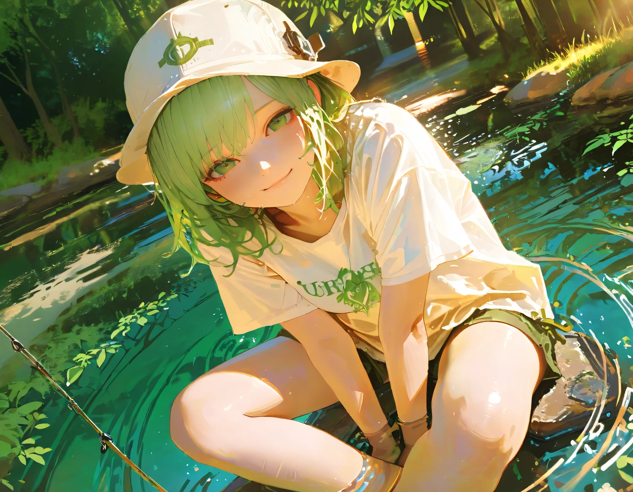 A beautiful girl, sitting cross-legged by the river, fishing, dynamic angle, dynamic view, high quality, detailed, photorealistic, 8K, HDR, studio lighting, sharp focus, physically-based rendering, ultrarealistic, serene river landscape, lush green foliage, reflecting water, warm golden sunlight, detailed facial features, peaceful expression, contemplative pose, intricate fishing gear, rippling water effects,she wearing stylish t-shirt, stylish Hat,Looking at viewer, smile,