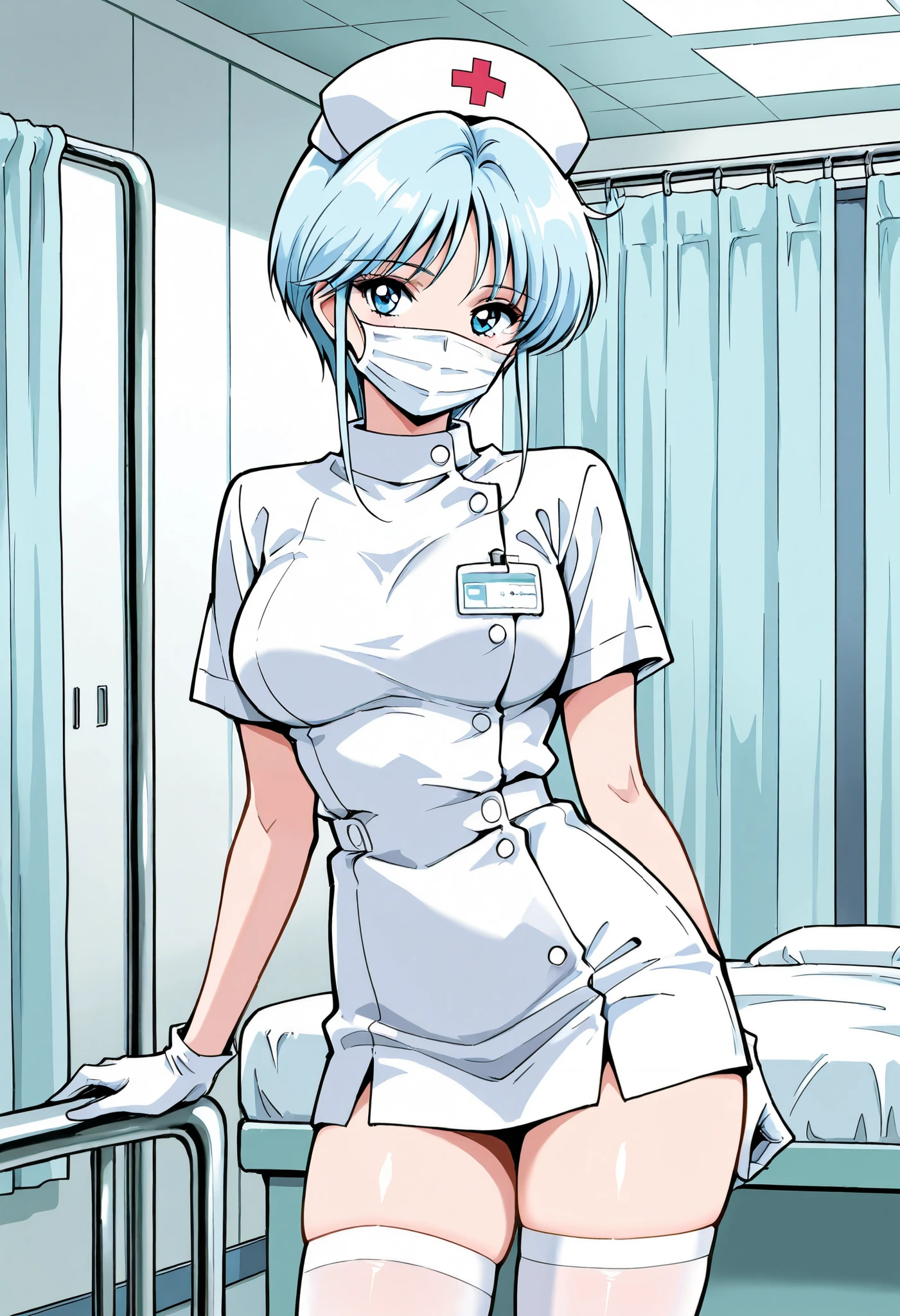 Score_9, score_8_up, score_7_up, source_anime, Yukime, solo, light blue hair, blue eyes, large breasts, short hair, long sideburns, 1990s, (best quality), (high quality), {masterpiece}, extremely delicate and beautiful, ultra-detailed, beautiful detailed eyes, nurse, nurse hat, ((white nurse's outfit)), white gloves, white thighhighs, hospital room, ((white surgical mask, covered nose)), standing