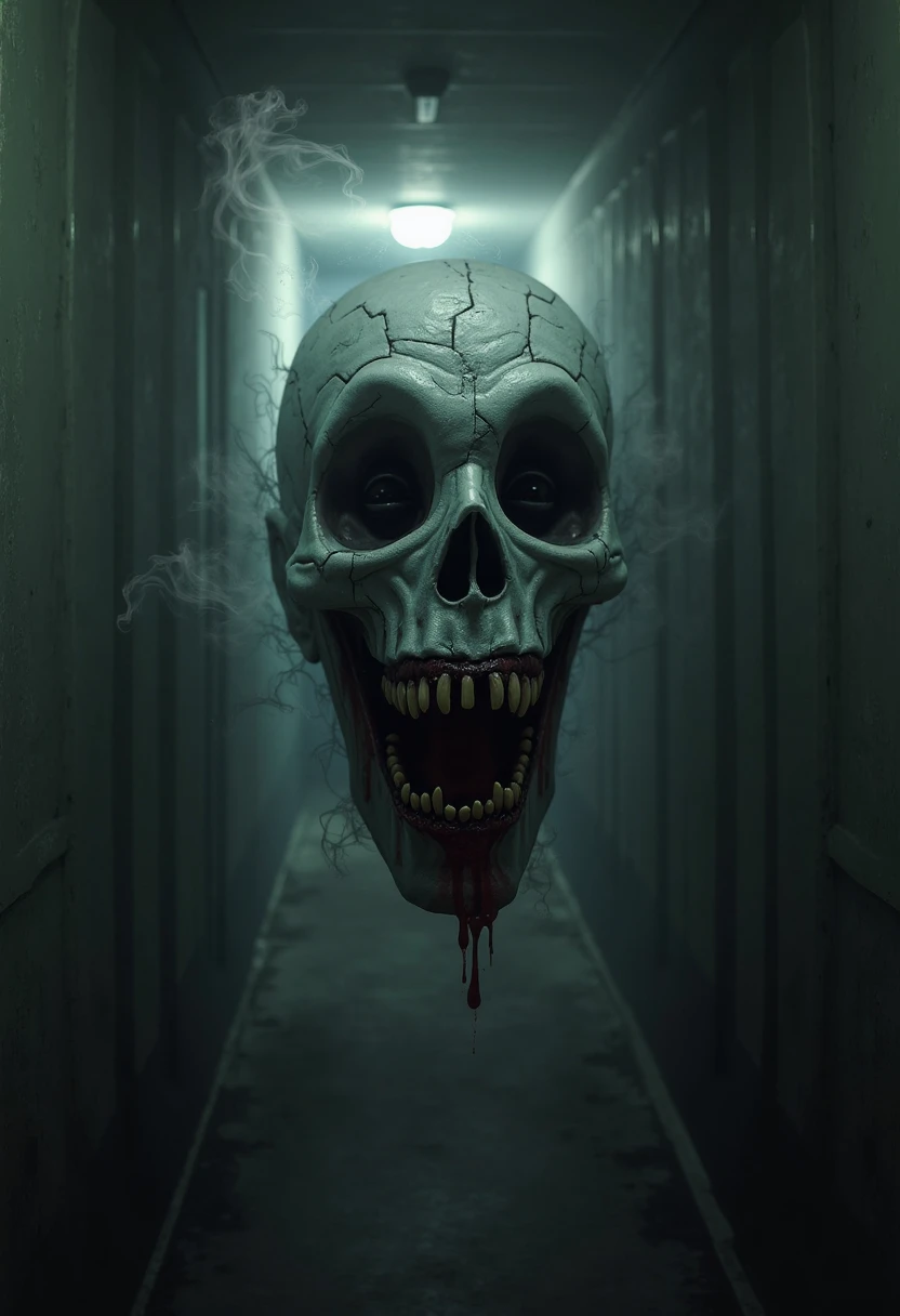 Zombie monster peeking out from a crack in a wall, realistic horror atmosphere